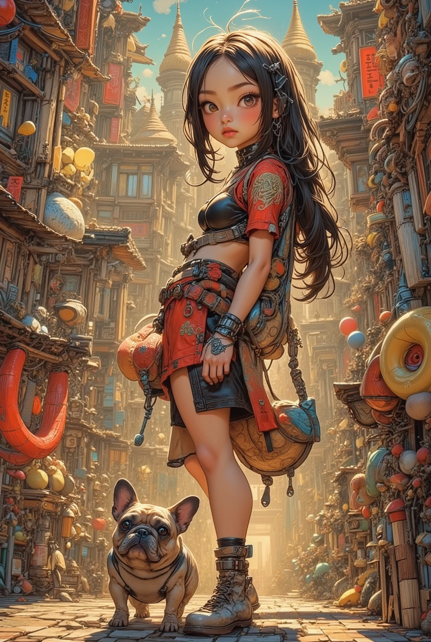 (High Definition, masterpiece, Accurate, top quality, High Definition model, high detail, (((The textures are soft))), ((matte and toy-like with a handmade premium look)), (((Tim Burton style))), Girl walking with her French bulldog, best quality, (intricate details:1.1), beautiful detailed, beautiful hair, pupil details, solo, 1girl, japanese, blush, five fingers, ((Pupil details)), backlighting, ((five fingers)), big breasts, (((low-angle view))),