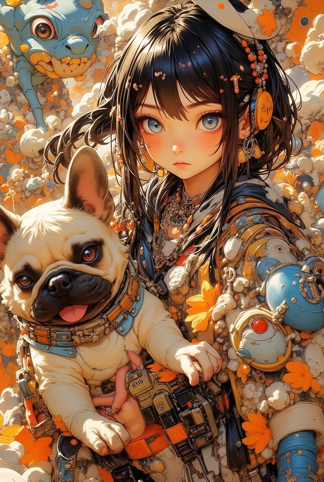 (High Definition, masterpiece, Accurate, top quality, High Definition model, high detail, (((The textures are soft))), ((matte and toy-like with a handmade premium look)), (((Tim Burton style))), Girl walking with her French bulldog, best quality, (intricate details:1.1), beautiful detailed, beautiful hair, pupil details, solo, 1girl, japanese, blush, five fingers, ((Pupil details)), backlighting, ((five fingers)), big breasts, (((low-angle view))),