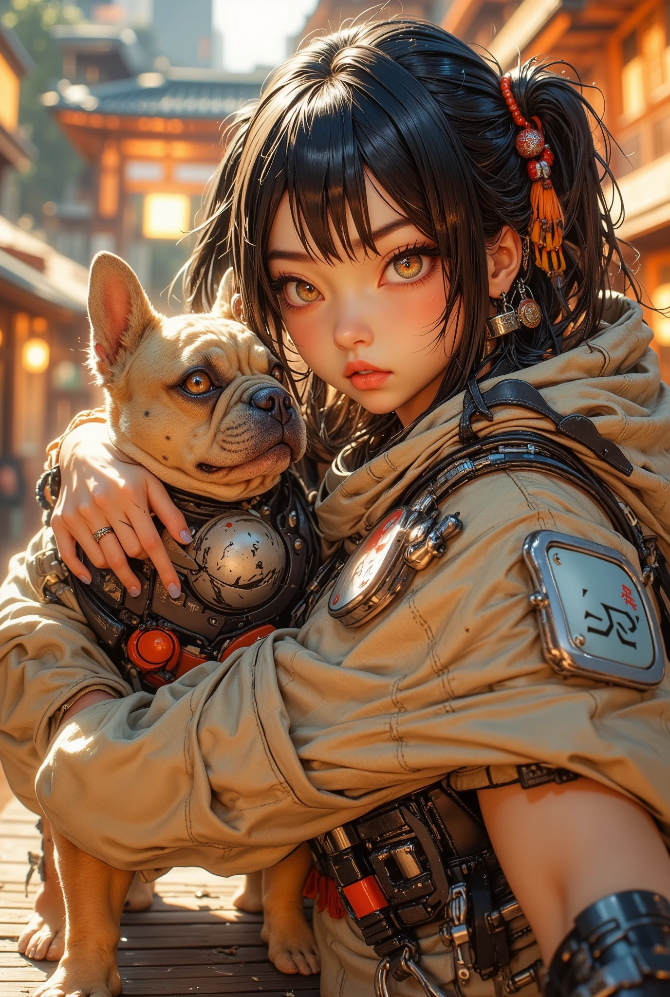 (High Definition, masterpiece, Accurate, top quality, High Definition model, high detail, (((The textures are soft))), ((matte and toy-like with a handmade premium look)), (((Tim Burton style))), Girl walking with her French bulldog, best quality, (intricate details:1.1), beautiful detailed, beautiful hair, pupil details, solo, 1girl, japanese, blush, five fingers, ((Pupil details)), backlighting, ((five fingers)), big breasts, (((low-angle view))),