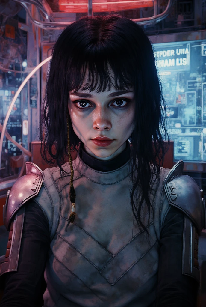 Highly detailed, best quality, masterpiece, official art, highres, absurdres, official art, detailed, cinematic, (mature female), black curly, mature female, detailed face, detailed eyes, medium breasts, big hips, big thighs, black trenchcoat,aiming a m1 single garand,detailed lips, detailed cyberpunk city and rocket liftoff in background