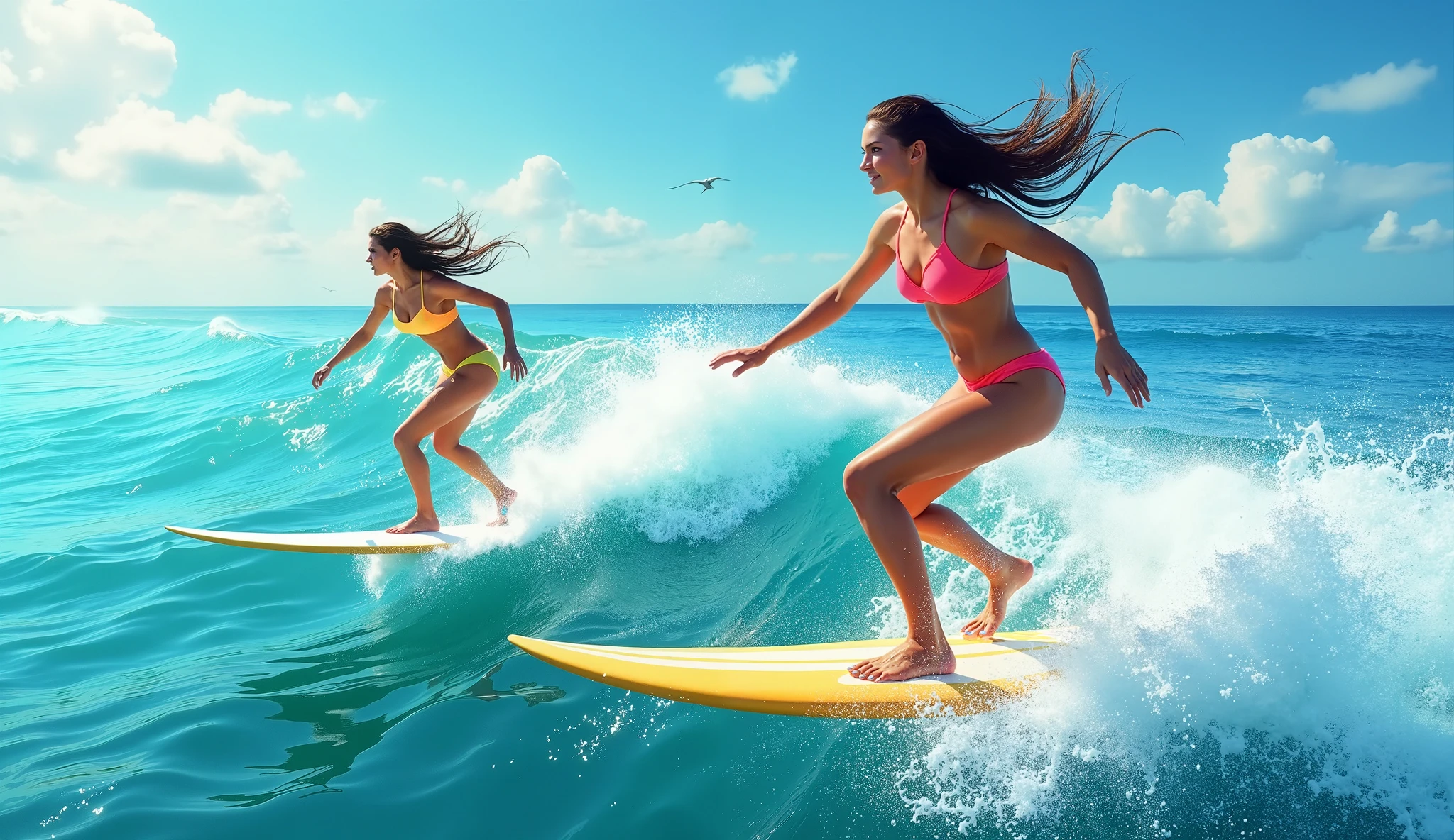 A couple of two girls surfing together in the sea on a tropical beach in a very nice landscape