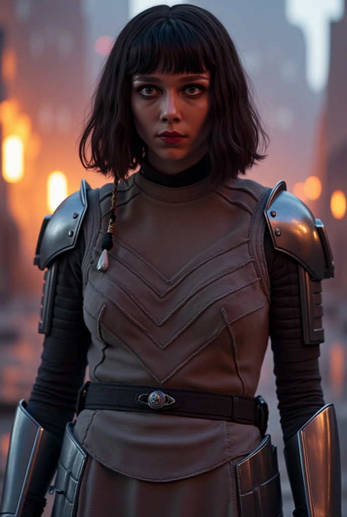 A hyper-realistic portrait of a stunning 21-year-old Russian woman standing alone against a colored wall. She has black hair in a simple bun, parted lips, and striking red eyes. She wears knight Armored suit.The lighting accentuates her glowing skin, and the background features a wall painted with vibrant colors. The overall image is of maximum quality, with an extra detailed face, highly detailed black eyes, and a focus on her short hair with a bob cut. The captivating portrait radiates beauty and elegance.