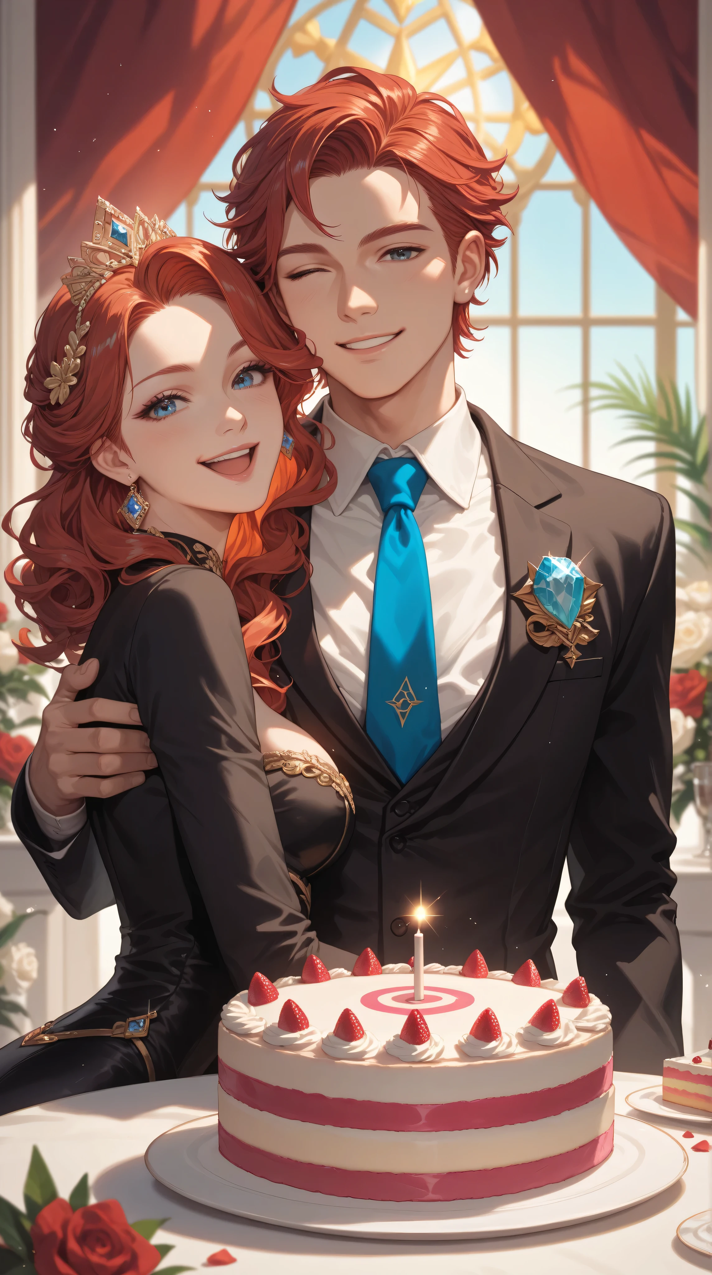 Alone, a birthday cake, crystals on the cake, radiant, divine symbol , divine white man , redhead, quiff , elegant black suit, blue tie, Beautiful red-haired sister Divina hugging him on her back, happy.