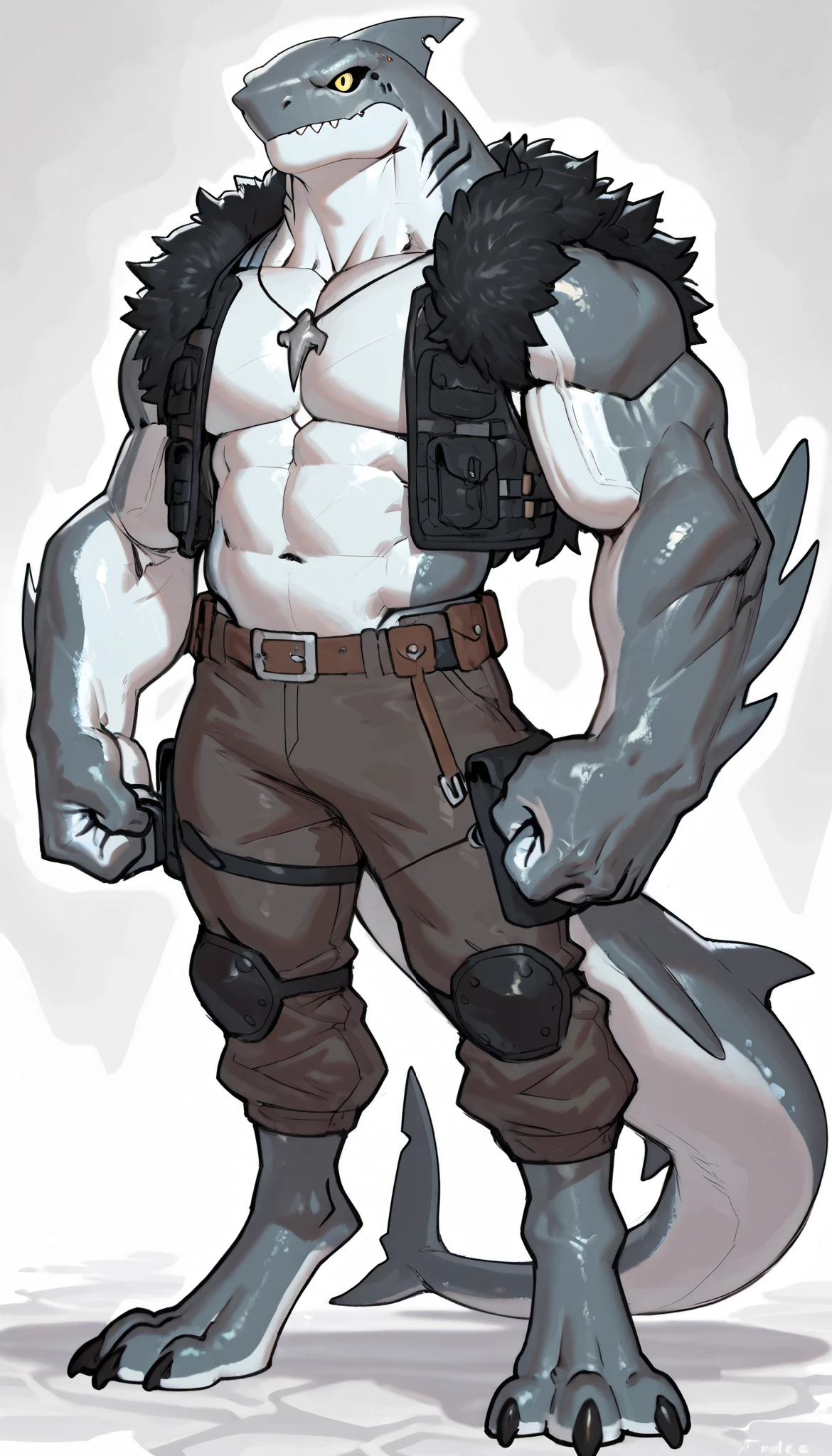 sharkman, anthro megalodon, darker hands and fins, black back, solo, big arms, bara, detailed skin, lizard shark hybrid, anthro, closed mouth, detailed shark skin, scalie arms, fins on arms, gray color body, beefy, vast, yellow eyes, fur mantle on shoulders, thick scales on arms, digitigrade legs, 3 toes, proporcional body, mercenary pants, wearing scalie vest, wide chest, trapezoid body type, marked jaw, thick shark tail, design incorporates elements from various shark species, dorsal fin, sharp teeth, muscular build, best quality, sketch, ultra-detailed, by Buta99, by taran fiddler, by honovy, by Riolutiny, detailed illustration of 4K horror, standing still, musclegut, abdominals