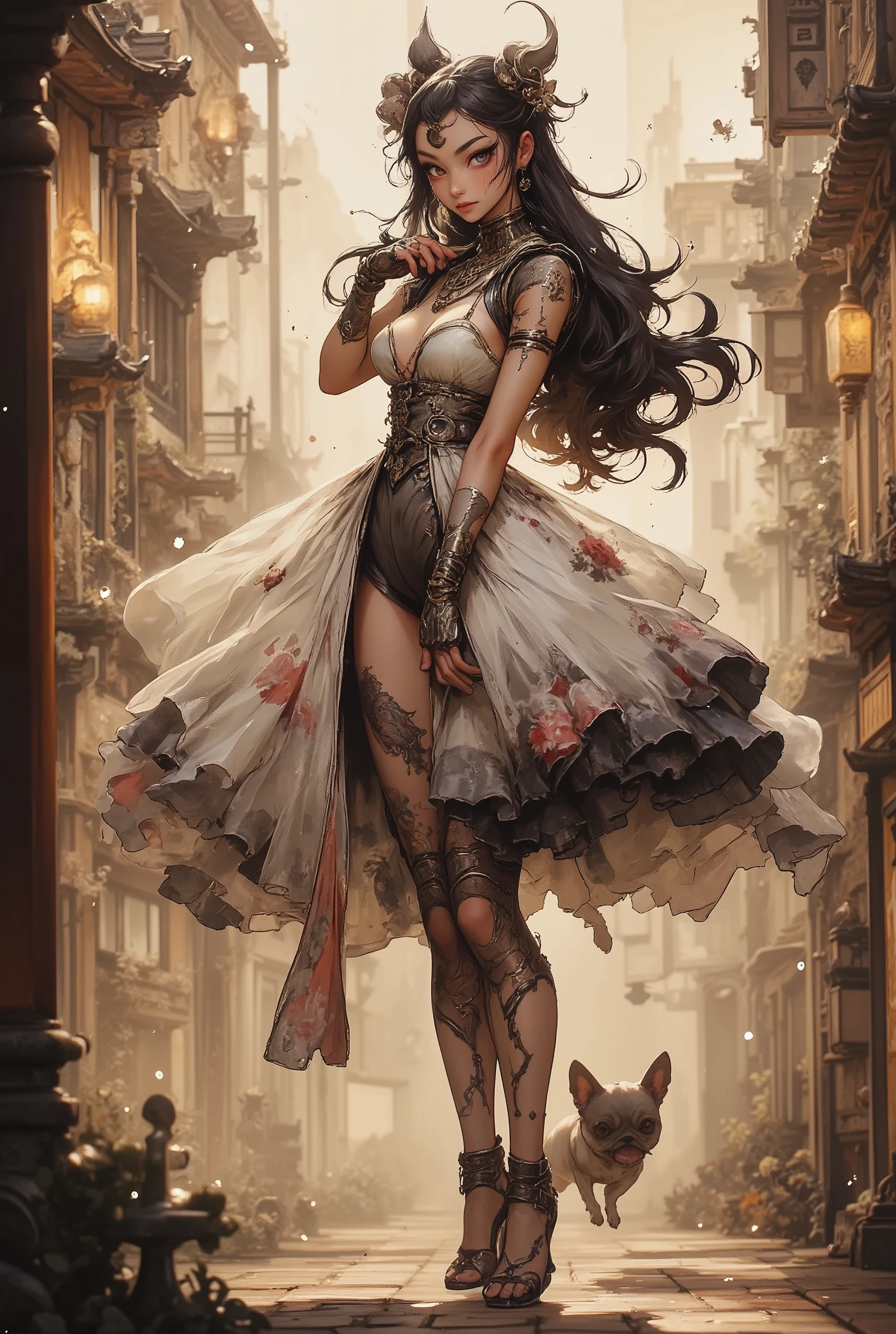 (High Definition, masterpiece, Accurate, top quality, High Definition model, high detail, (((The textures are soft))), ((matte and toy-like with a handmade premium look)), (((Tim Burton style))), Girl walking with her French bulldog, best quality, (intricate details:1.1), beautiful detailed, beautiful hair, pupil details, solo, 1girl, japanese, blush, five fingers, ((Pupil details)), backlighting, ((five fingers)), big breasts, (((low-angle view))),