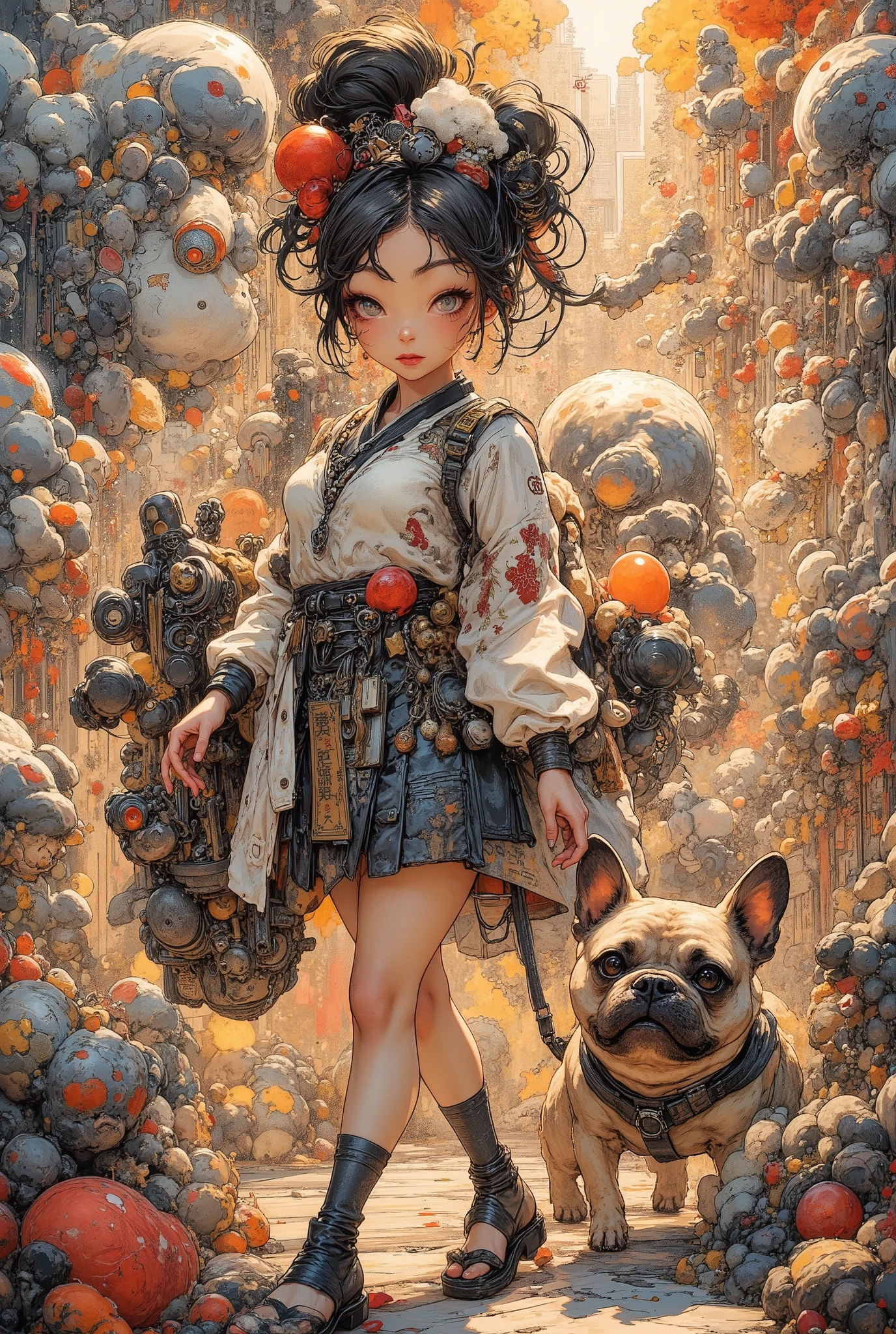 (High Definition, masterpiece, Accurate, top quality, High Definition model, high detail, (((The textures are soft))), ((matte and toy-like with a handmade premium look)), (((Tim Burton style))), Girl walking with her French bulldog, best quality, (intricate details:1.1), beautiful detailed, beautiful hair, pupil details, solo, 1girl, japanese, blush, five fingers, ((Pupil details)), backlighting, ((five fingers)), big breasts, (((low-angle view))),