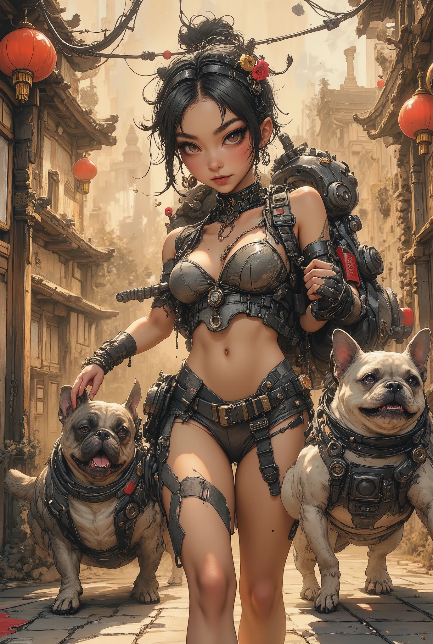 (High Definition, masterpiece, Accurate, top quality, High Definition model, high detail, (((The textures are soft))), ((matte and toy-like with a handmade premium look)), (((Tim Burton style))), Girl walking with her French bulldog, best quality, (intricate details:1.1), beautiful detailed, beautiful hair, pupil details, solo, 1girl, japanese, blush, five fingers, ((Pupil details)), backlighting, ((five fingers)), big breasts, (((low-angle view))),