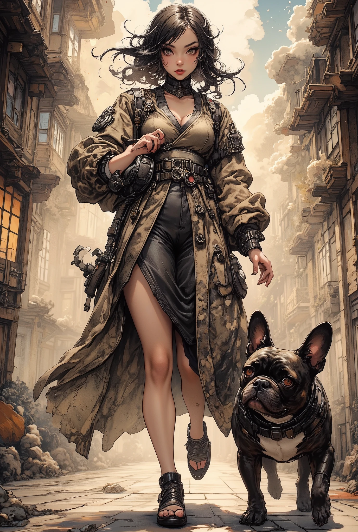 (High Definition, masterpiece, Accurate, top quality, High Definition model, high detail, (((The textures are soft))), ((matte and toy-like with a handmade premium look)), (((Tim Burton style))), Girl walking with her French bulldog, best quality, (intricate details:1.1), beautiful detailed, beautiful hair, pupil details, solo, 1girl, japanese, blush, five fingers, ((Pupil details)), backlighting, ((five fingers)), big breasts, (((low-angle view))),