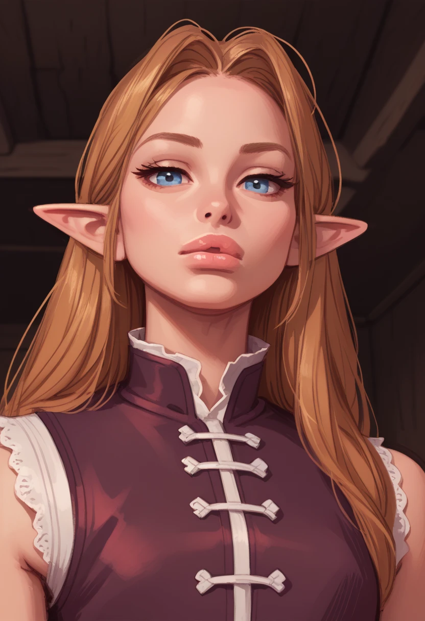 score_9, score_8_up,score_7_up, score_6_up, score_5_up, score_4_up, woman, best quality, highres, character sheet, solo, beautiful, makeup, soft lips, daenerys (bored), large cleavage,  beautiful red dress, (((simple background))), thin elf ears, head up