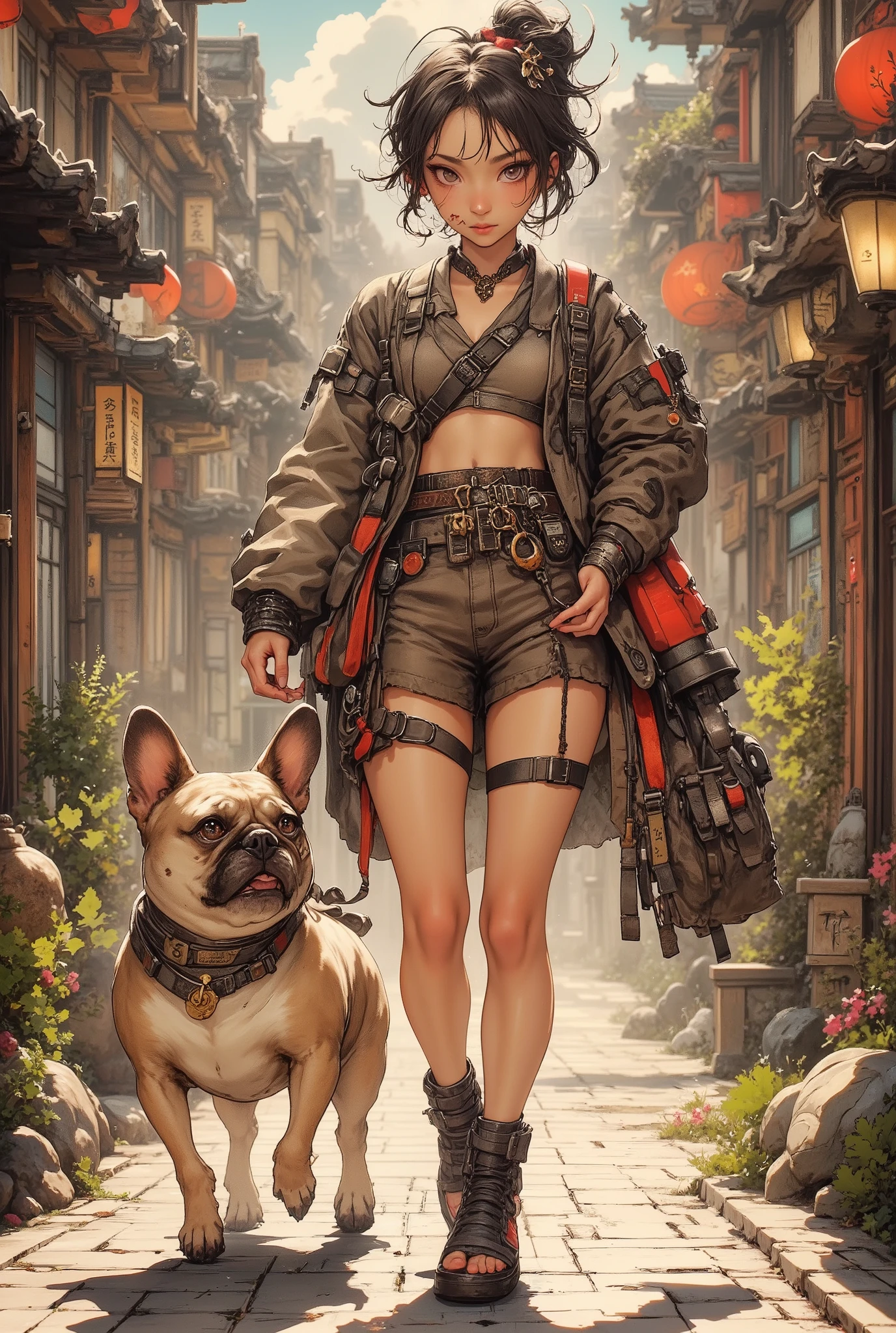 (High Definition, masterpiece, Accurate, top quality, High Definition model, high detail, (((The textures are soft))), ((matte and toy-like with a handmade premium look)), (((Tim Burton style))), Girl walking with her French bulldog, best quality, (intricate details:1.1), beautiful detailed, beautiful hair, pupil details, solo, 1girl, japanese, blush, five fingers, ((Pupil details)), backlighting, ((five fingers)), big breasts, (((low-angle view))),