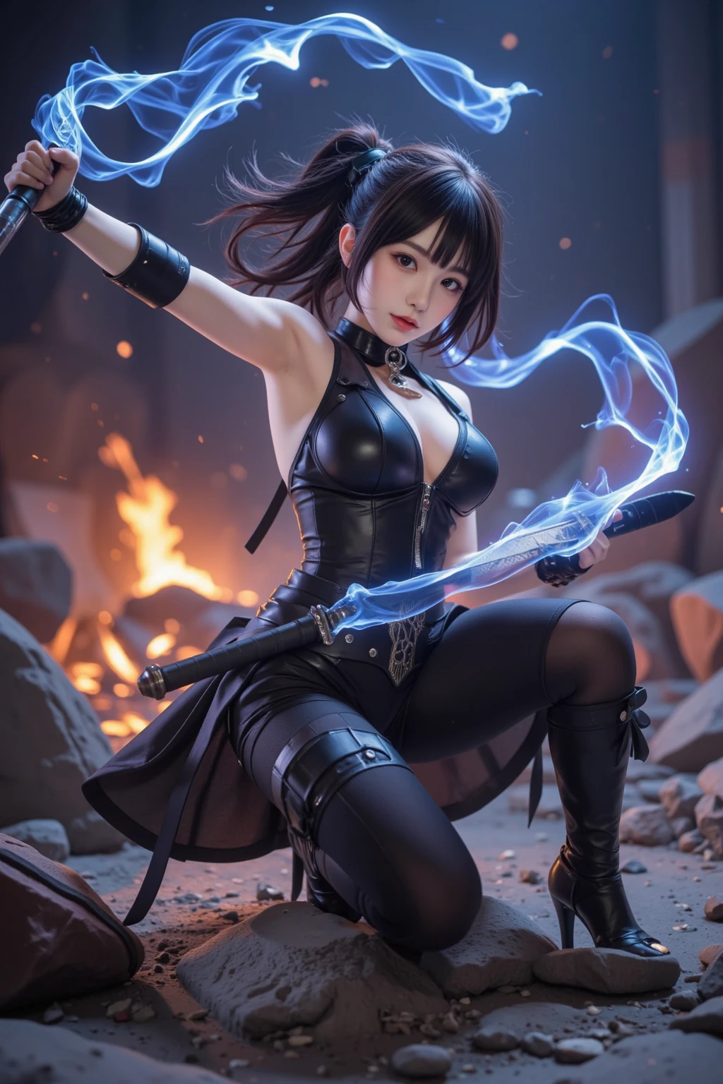 ((best quality)), ((masterpiece)), (detailed), perfect face, ((best quality)), ((masterpiece)), (detailed),((Big tits)),asian girl, mortal kombat, milena style, stockings, high heels, perfect leg, ((puple mask)), mortal kombat backgroung, smoke, purple fire big boobs, smoked skulls at background, fire, burning, more smoke, black leather , more fire, ((burning village in the background)), ((stocking)), sexy, corset, cyrstal balls,((she is standing in the middle of the picture)),((holding a lightning fireball)) lightning,((she does magic)), ((perfect high heels)), ((she wears a hood))