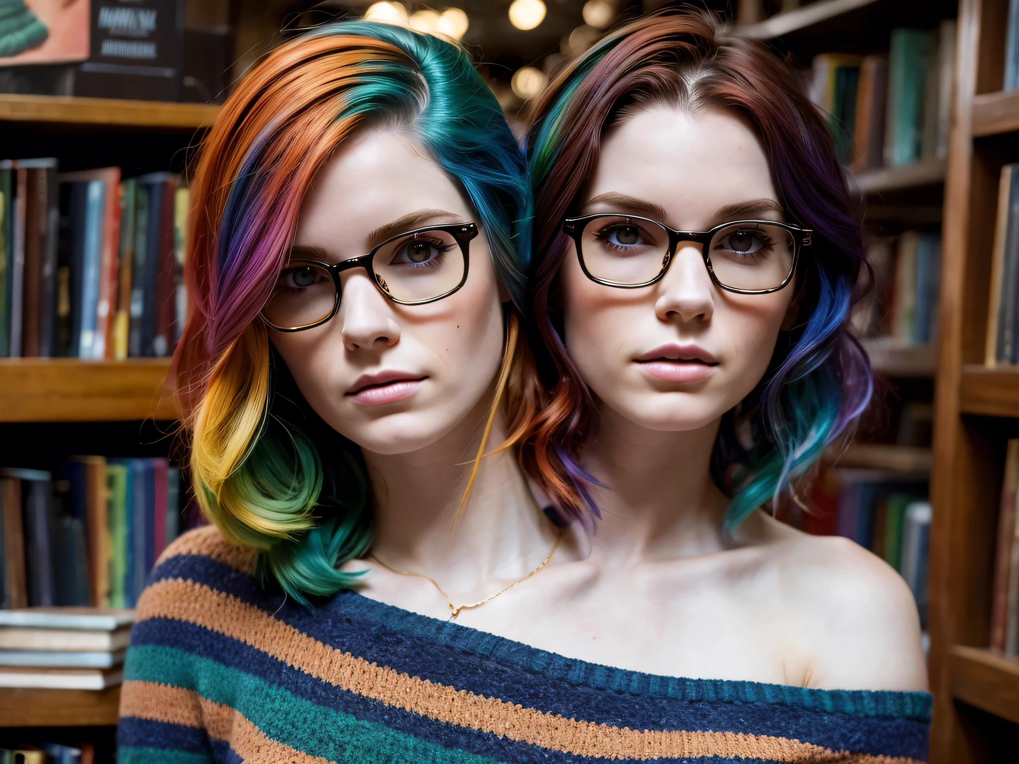 2heads, female couple, age 28, two heads on one body, conjoined, one torso, hipsters, multicolored hair, hipster fashion, at a bookstore