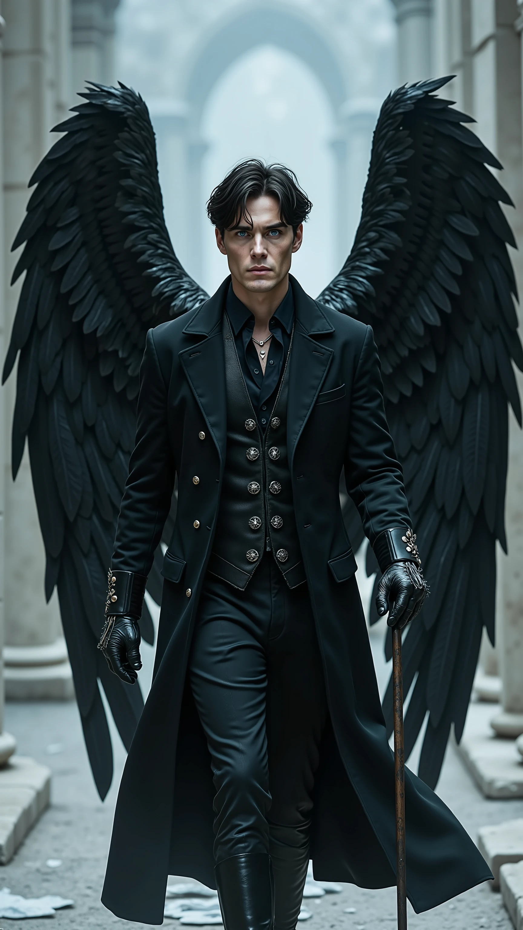 Cillian Murphy as a fallen angel with huge black wings, an angel with detailed feathers, walking and holding a staff, dramatic atmosphere, 1 person
He has short, neatly styled black hair with locks that frame his sharp, angular face. His piercing ice-blue eyes shine subtly under dark, sharp eyebrows. His pale, flawless skin is smooth, with faint sky-blue flecks along his neck and collarbones. His lean, well-defined physique exudes a calm strength and grace.
He is dressed in a tailored black coat with a high collar and silver embroidery depicting celestial constellations. Underneath, a fitted dark tunic hugs his slender figure. His hands are clad in black leather gloves, adding to his refined yet mysterious presence.
The angel's huge black wings with detailed feathers extend from his back, elegant and sharp, their edges glowing with a soft silver light. In one hand he holds a thin onyx staff, topped with a tall silver halo that pulsates with ethereal energy.
In the background are white marble ruins. Mist billows in the air.
, showing the full figure of his male character, athletic body, perfect face, full body, extremely handsome, god, male form, perfect anatomy, photorealistic, masterpiece, realistic, high contrast, 8k, HD, high resolution detailed, detailed, hyper detailed, realistic skin texture, best quality, ultra high resolution, hyper realistic, no text, highly detailed eyes, bright lighting, dramatic lighting