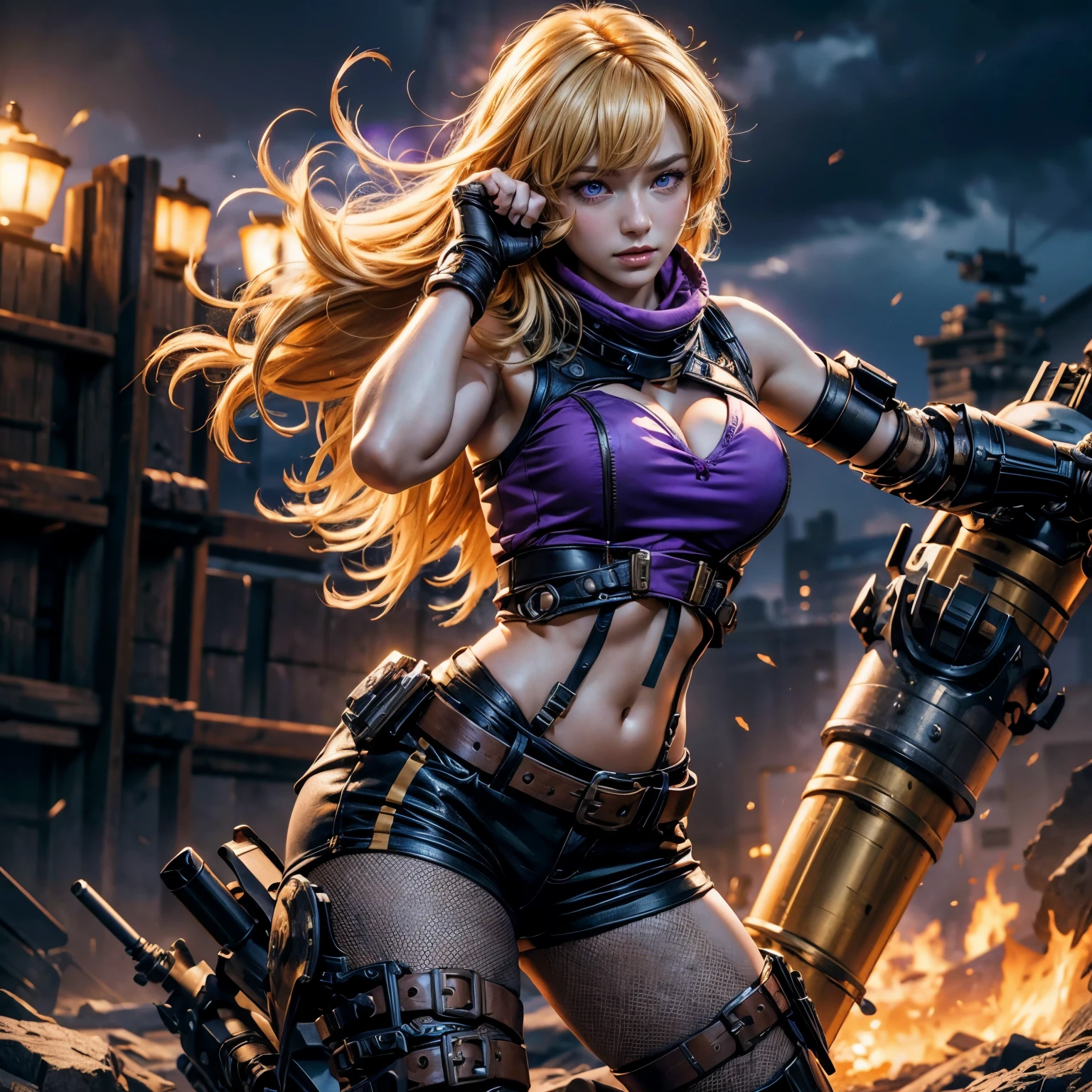 yangxiaolong, yang xiao long, long hair, blonde hair, large breasts, (purple eyes:1.3), ahoge, bangs, BREAK smiling, wearing military combat clothing, sleeveless, shorts, boots, mechanical arms, single mechanical arm, prosthesis, prosthetic arm, concerned expression BREAK  facing a huge mechanized monster, preparing to punch mechanized monster, her fist encased in flames, BREAK (masterpiece:1.2), best quality, high resolution, unity 8k wallpaper, (illustration:0.8), (beautiful detailed eyes), extremely detailed face, perfect lighting, extremely detailed CG, (perfect hands, perfect anatomy), intricate details, tonemapping, sharp focus, hyper detailed, (best quality:1.2), elegant face, beautiful face, highly detailed face, highly detailed skin, skin pores, subsurface scattering, realistic pupils, full lips, detailed background, depth of field, atmospheric perspective, volumetric lighting, sharp focus, absurdres, realistic proportions, good anatomy, (realistic, hyperrealistic:1.4), 16k hdr,