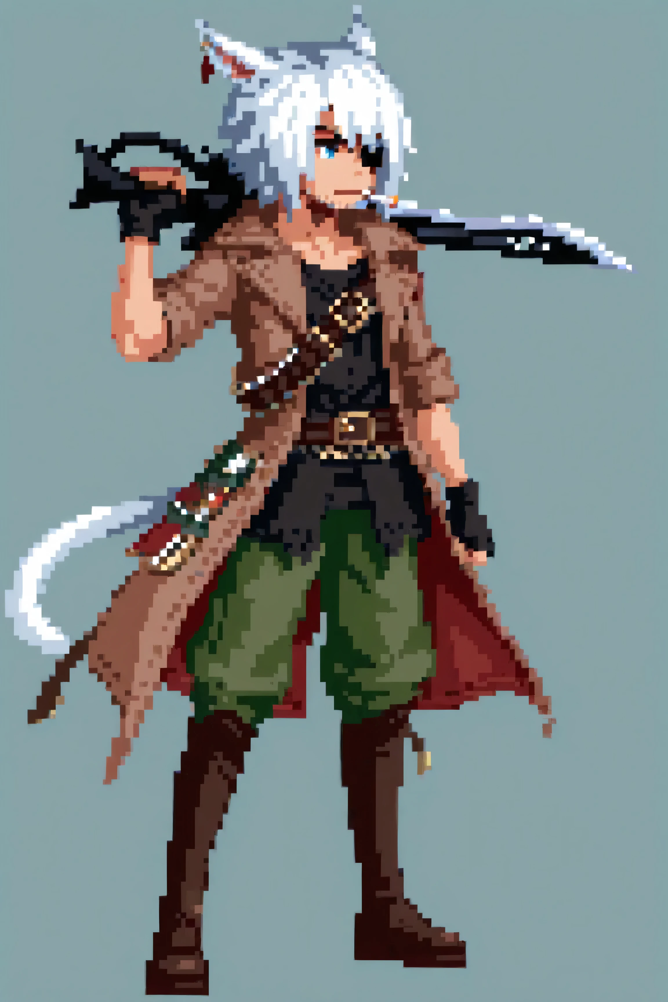 gunbreaker (final fantasy), warrior of light (ff14), final fantasy, final fantasy xiv, 1boy, animal ears, baggy pants, bandolier, belt, black shirt, black gloves, blue eyes, boots, brown boots, brown coat, cat boy, cat ears, cat tail, cigarette, eyepatch, facial hair, fingerless gloves, gloves, green pants, gunblade, holding, holding weapon, looking away, male focus, military boots, over shoulder, pants, short hair, shoulder belt, simple background, smoking, solo, standing, stubble, two sided fabric, weapon, weapon over shoulder, weathered clothes, white hair, 