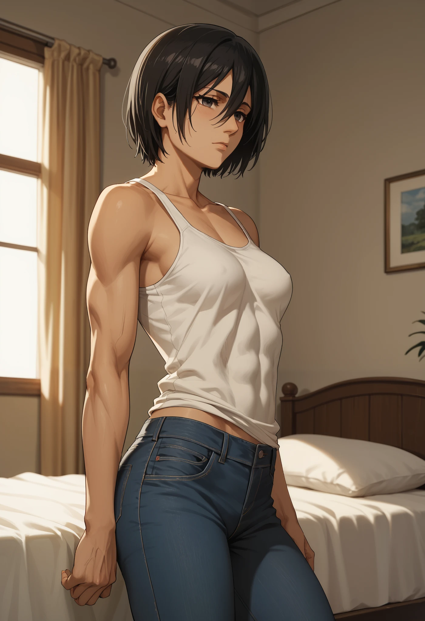 Masterpiece, 8k quality, extremely detailed, Mikasa ackerman, aot, medium breasts, bedroom background, tank top, jeans