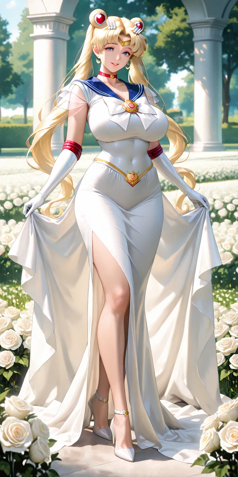 ((Full body photo, standing, on the floor)) rosalina, crown ,1girl, solo, small breasts, ,earrings glossy lips ,looking at viewer, blush, large breasts, nature, pond, trees, park, long white elbow satin gloves, holding, animal ears, cleavage, bare shoulders, jewelry, very l, gentle smile, pantyhose, earrings, fake rabbit ears, leotard, fake animal ears bunny, long white elbow gloves