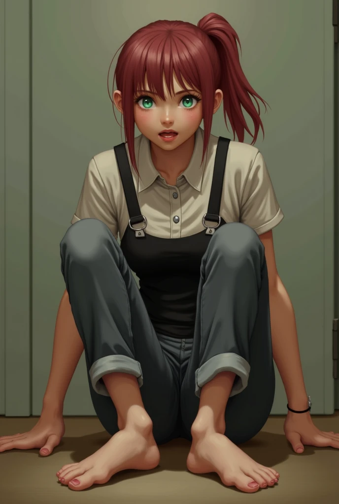 Dirty clothes、White underwear、Tears、big eye、small head、One woman、Brown hair、twintails、Slender、wet one’s pants、Pants are wet、Tied up with a rope、opens legs, saliva, rape face