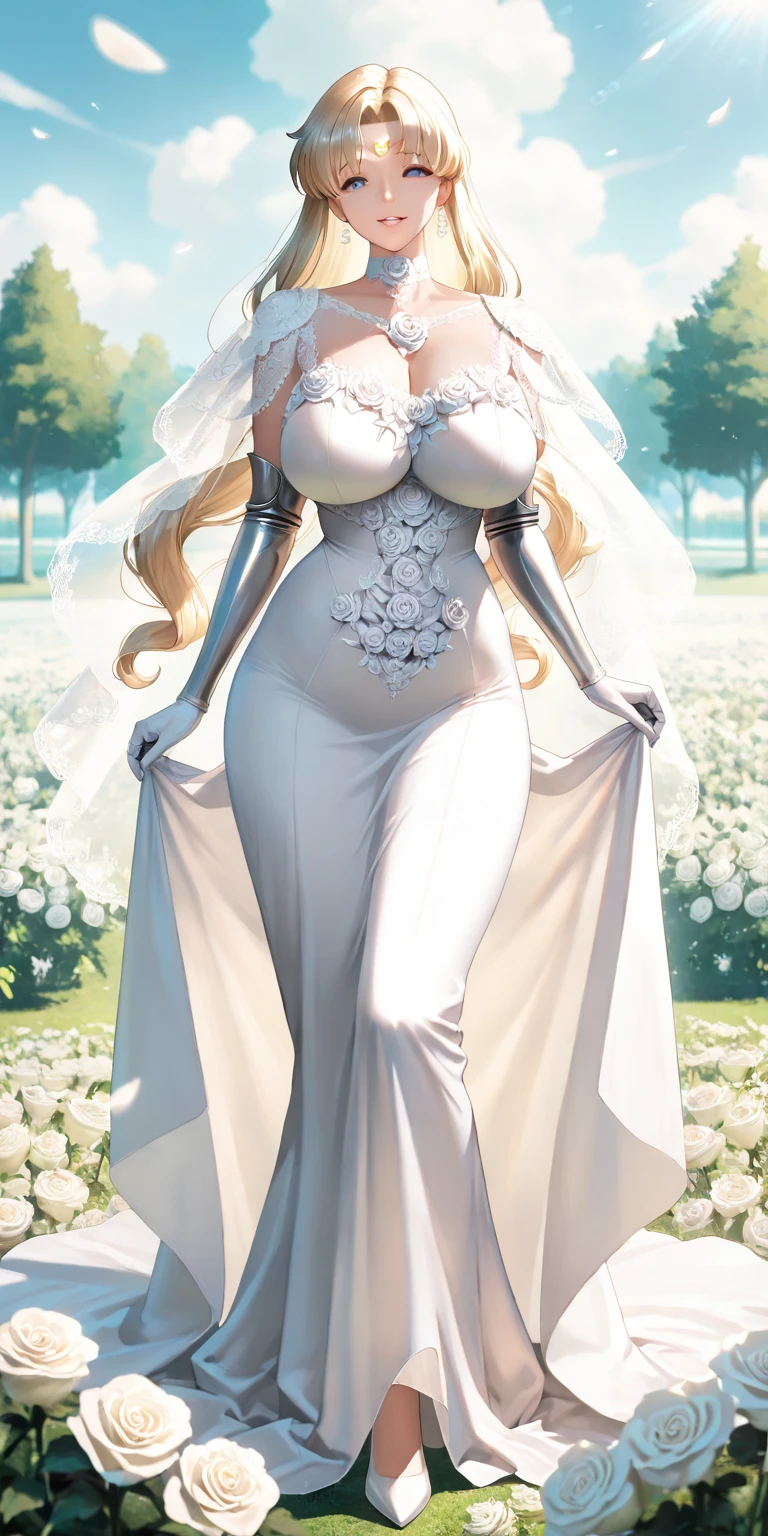 1girl “"Giant breasts" + "large rear" + "wide hips" + " tiny waist" + "plump thighs" + "green eyes" + "Black eyeliner" + "Longcurly blonde Hair" + "Red Lips" + "Lucious Lips"”)}, {“Outfit”: White wedding dress, white daffodils flower bouquet, white gloves, white shoes, white sheer veil
