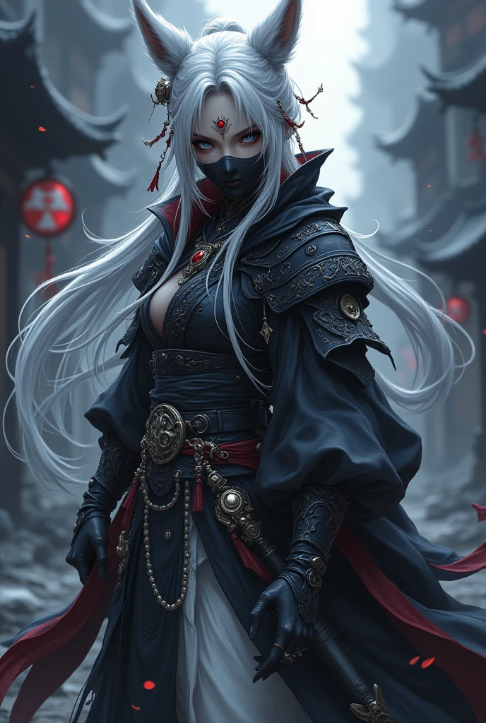 (Female ghost attendant)、(Wearing a demon mask)、Solo Adult Woman、Like the whole body、(Armed with a long sharp knife)、Mature breasts big female demon.Stand facing the front,magnificent artwork、((Kyoto Panel Painting Style))、Wind-effect:1.9、Cloud Effects:1.2、Full Rendering、Encaustic Painting,unrealengine,