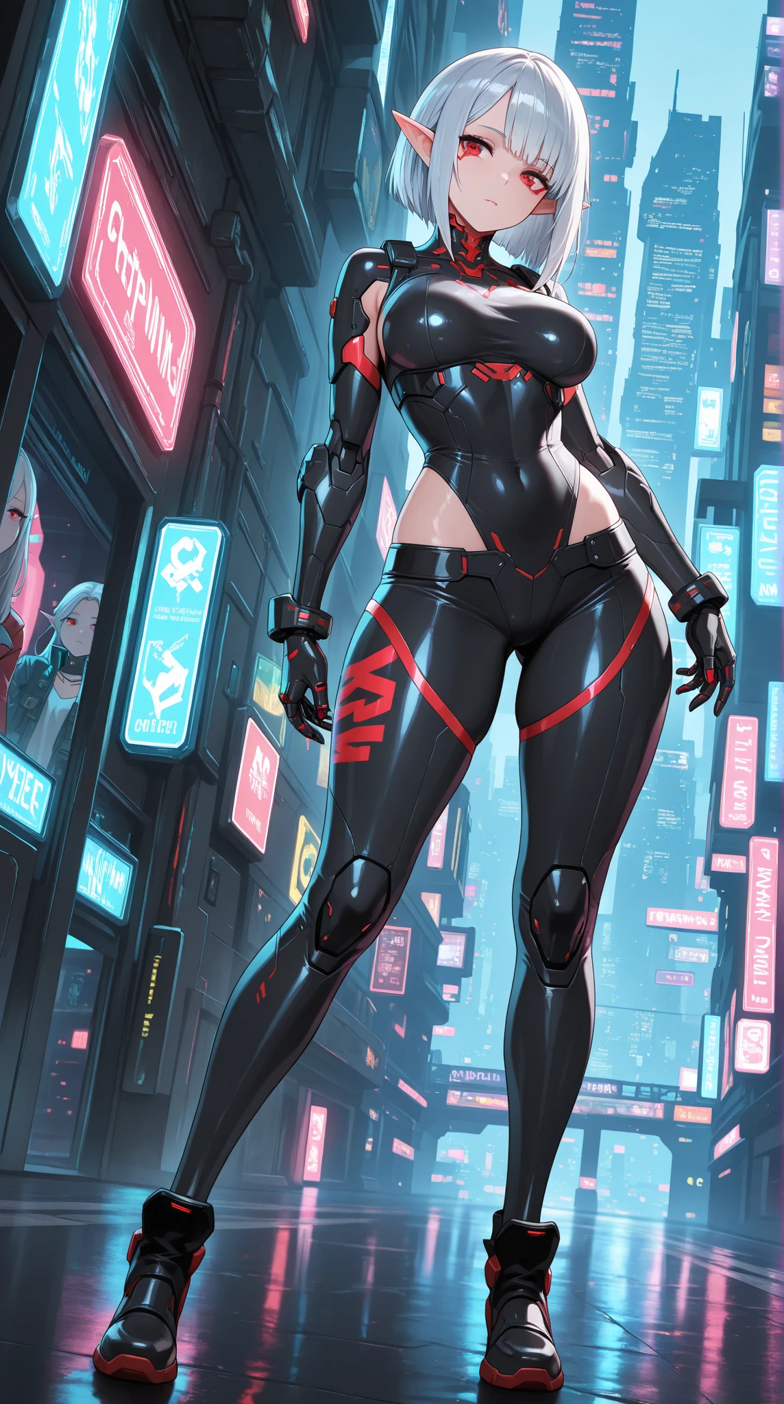 best quality, super fine, 16k, incredibly absurdres, extremely detailed, delicate and dynamic, beautiful female warrior, rainbow braided ponytail, cool and attractive look, metallic red eyes, amazing proportions, translucent iridescent reinforced bodysuit, future punk, background ruined city