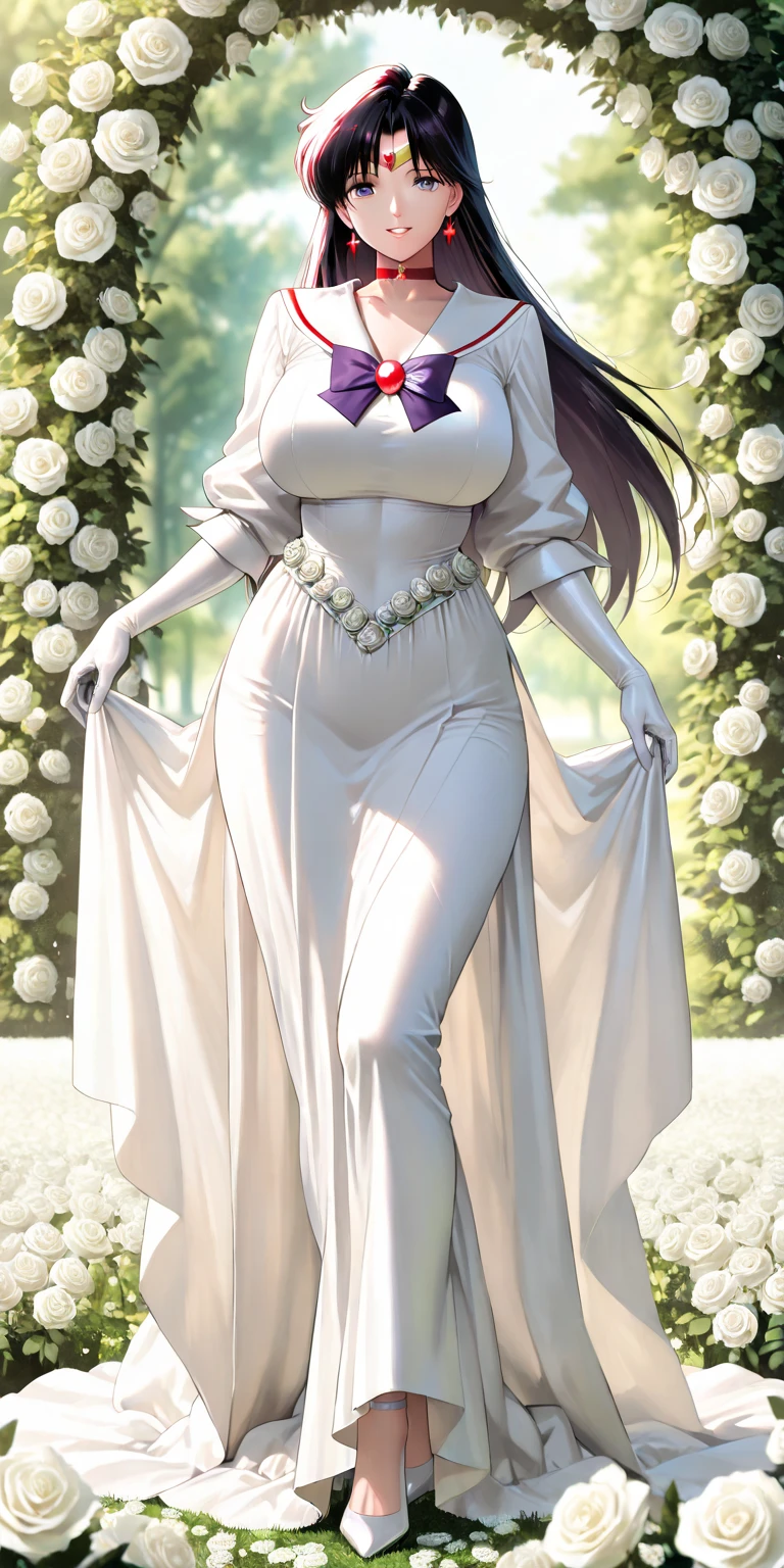 ((masterpiece)), (best quality), (detailed), medium breasts, (tall), (28 years old), thin figure,  solo, mature face, masterpiece, beautiful, Bayonetta in (wedding dress:1.2) in lava hell, fire inferno, hair, glasses, earrings, standing, smile, solo, portrait, sexy pose  , looking at viewer, beautiful gray eyes, close up <lora:bayonetta_v1:0.7> , (bouquet of purple roses:1.1)