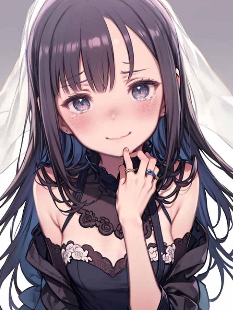 a girl staring at her hand with a wedding ring、Shedding tears with emotion 、smile、blush、 upper body、