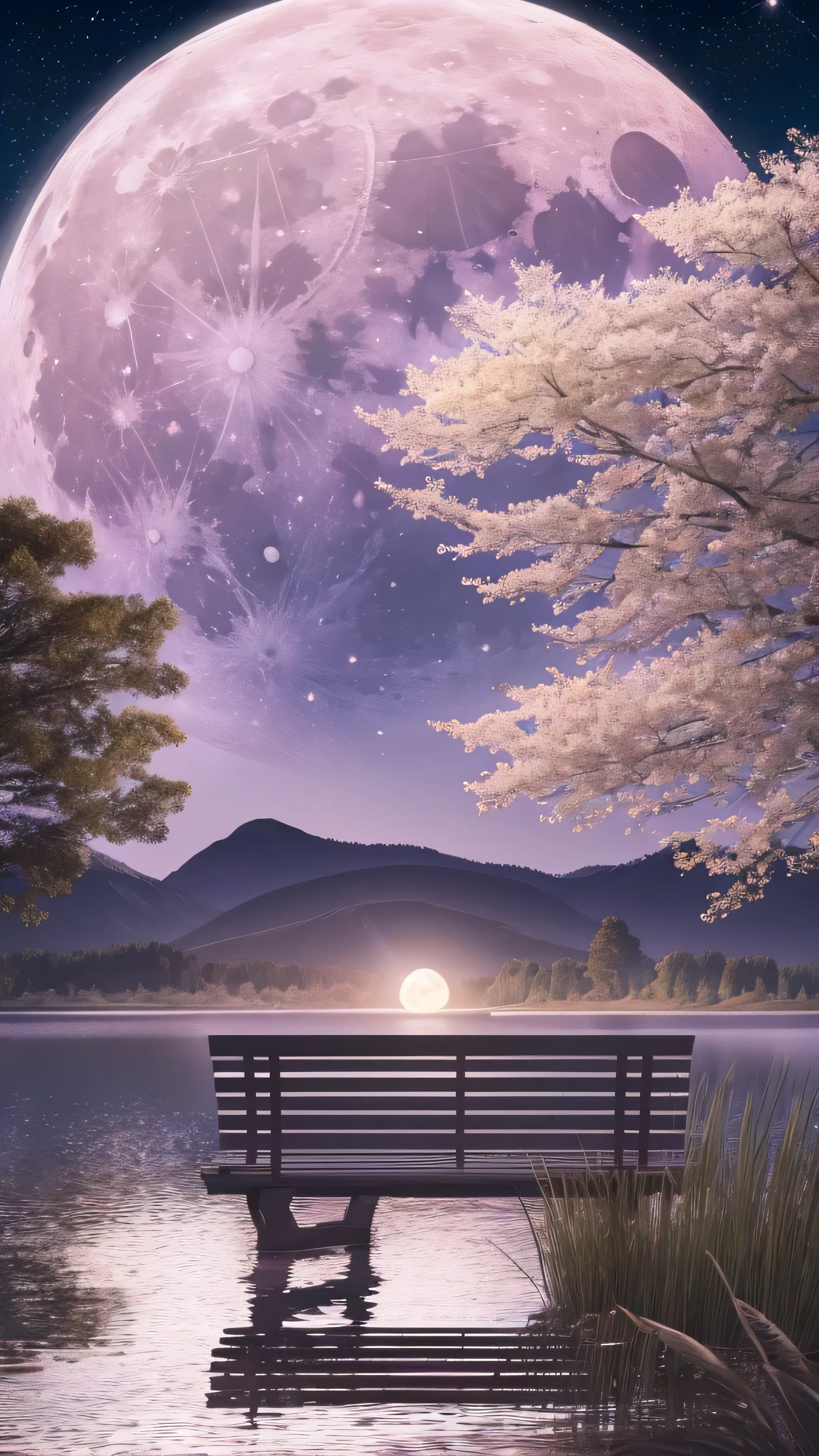 there is a bench on the lawn near the lake 、 there is a huge tree with the moon reflecting in the water, a cow grazing near the tree , the moon is reflecting in the water , full Moon in the background, full Moon in the background, big Moon in the background, big Moon in the background!, (Moon in the background), Moon reflected in water, Moon in the background, A perfect, clear moon , Moon in the background