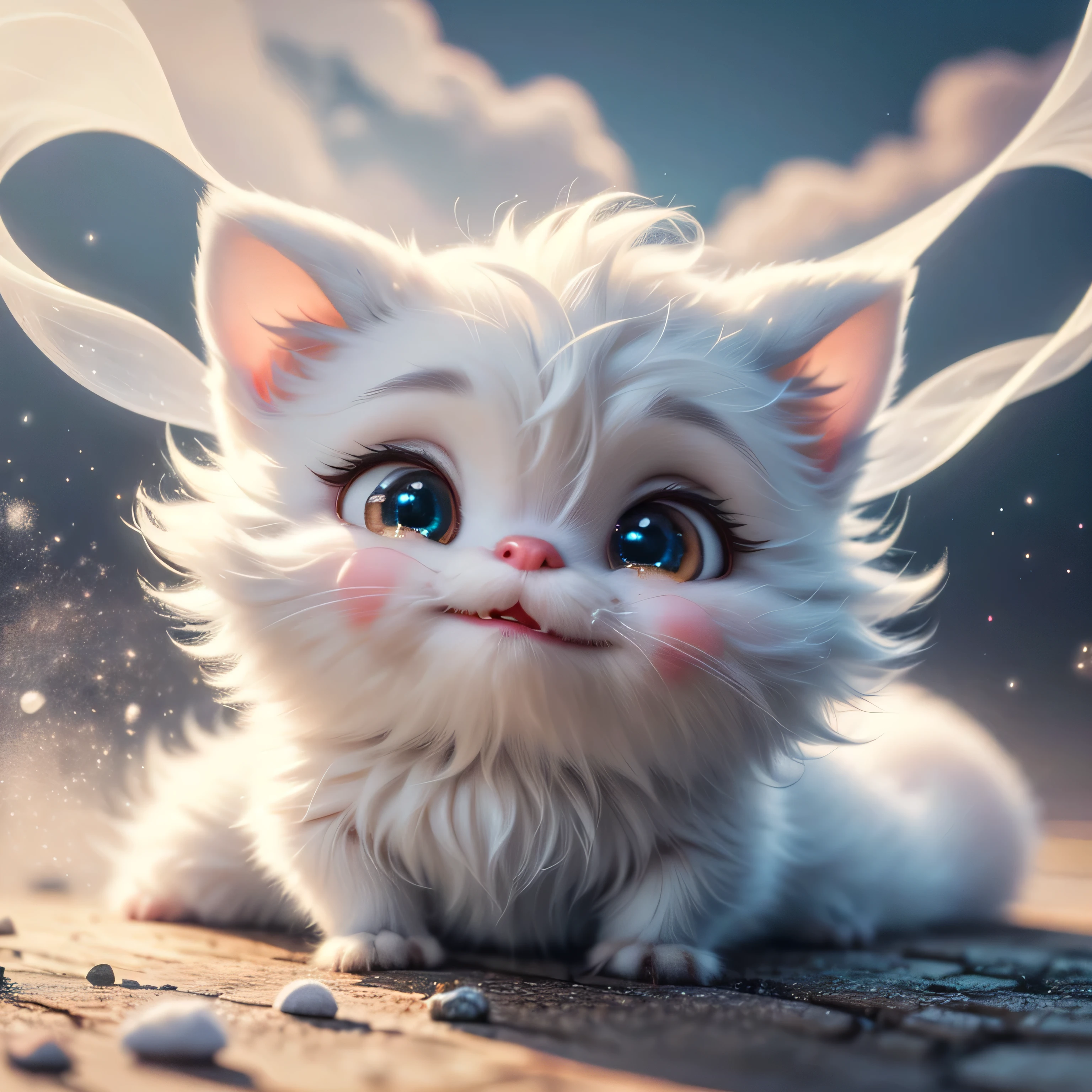 Magical Fantasy Creature, airbrushed super detailed, hyperrealistic fantasy art. Highly textured, hyperrealistic 3D render of a super cute realistic adorable celestial creature, cute and white, floating among the clouds. Creature is a small furry celestial spirit radiating a soft light. Soft focus with a soft volumetric glow. Detailed fur texture, creature design by Ian McCue