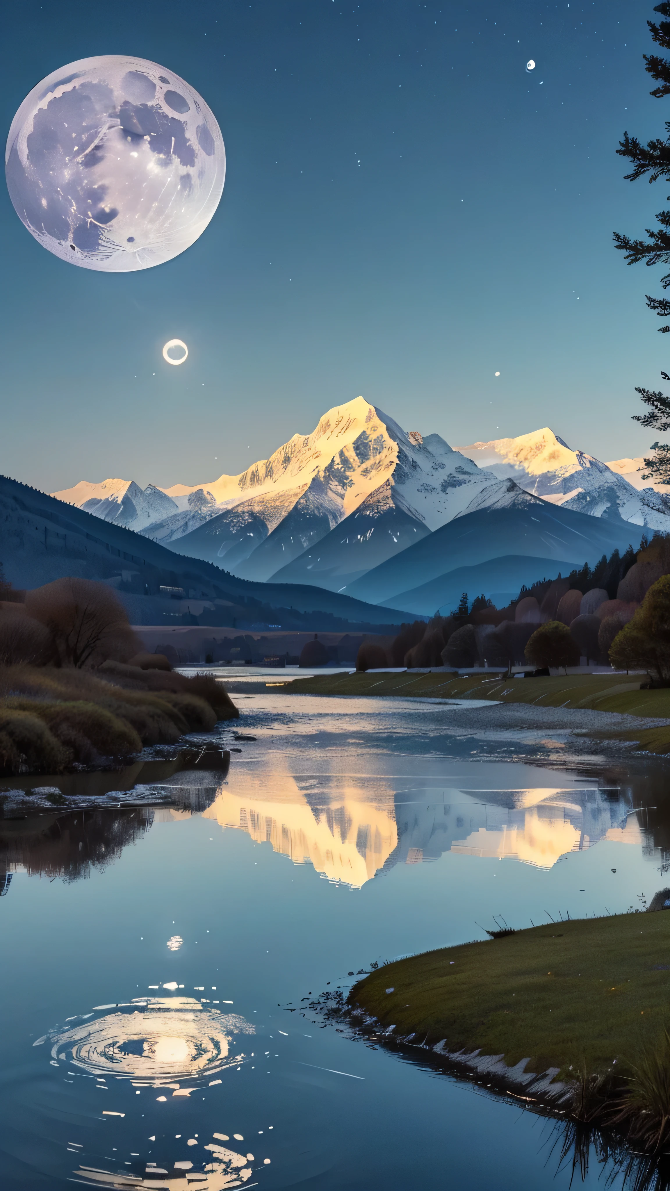  in high-definition images、 there is a bench on the lawn near the canal 、 there is a huge tree with the moon reflecting off the water,  a rabbit grazing near a tree ,  the moon is reflecting in the water  , full Moon in the background, The full background is a snowy mountain ,  a snowy mountain in the Big Alps , big  (Moon in the background), Moon reflected in water, Moon in the background, A perfect, clear moon , Alps in the background 。