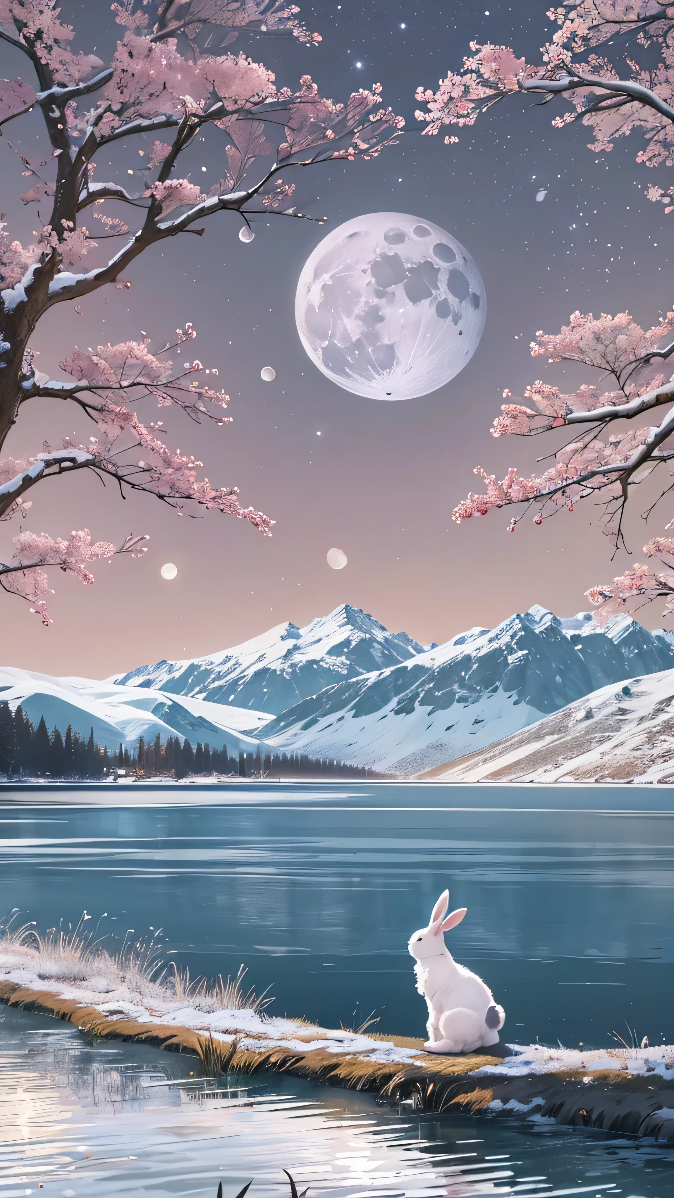 in high-definition images、 there is a bench on the lawn near the canal 、 there is a huge tree with the moon reflecting in the water, a rabbit grazing near a tree , the moon is reflecting in the water , full Moon in the background, The full background is a snowy mountain , a snowy mountain in the Big Alps , big (Moon in the background), Moon reflected in water, Moon in the background, A perfect, clear moon , Alps in the background 。