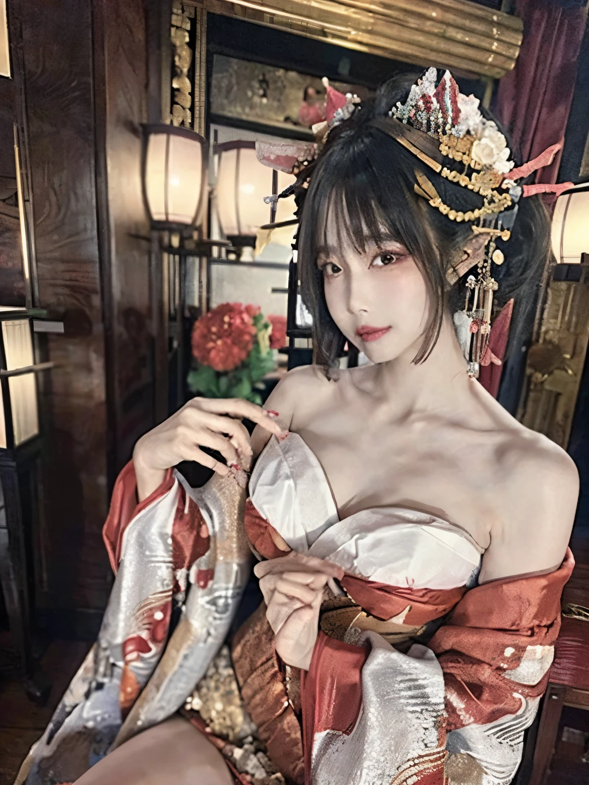 ( detailed skin:1.2),( shiny skin :1.1),8k, best quality, masterpiece, super high resolution ,( by Nomi:1.4), RAW Photo,( Soft Saturation :1.3),( white skin:1.2),Half Japanese beauty,,20 years, light brown hair, ( Up Hairstyle :1.2), asymmetrical hair , ( pretty face:1.4), ( , thin waist), beautiful lighting arranged in an orderly manner, ( courtesan:1.2,), highly detailed faces, very detailed lips, fine grain, double eyelids, ( sharp concentration: 1.2), ( PERFECTIVE ),( perfect style: 1.2)、 exposes 、 random pose,( accentuate your leg lines)、 kimono、 sharp eyes,smile、 Gorgeous Hair Ornaments