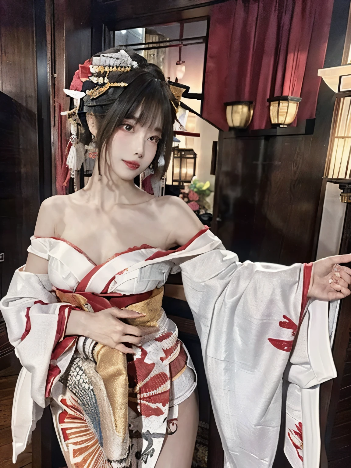 ( detailed skin:1.2),(  shiny skin :1.1),8k, best quality,  masterpiece,   super high resolution ,( by Nomi:1.4),  RAW Photo,( Soft Saturation :1.3),( white skin:1.2),Half Japanese beauty,,20 years,  light brown hair, （ Up Hairstyle :1.2),  asymmetrical hair , ( pretty face:1.4), ( big breasts,  thin waist),  beautiful lighting arranged in an orderly manner, (Sexy courtesan:1.2,),  highly detailed faces,  very detailed lips, fine grain,  double eyelids, （ sharp concentration: 1.2）, （ PERFECTIVE ANATOMY),( perfect style: 1.2）、 exposes chest、 random sexy pose，( accentuate your leg lines)、 kimono、 sharp eyes,smile、  Gorgeous Hair Ornaments 