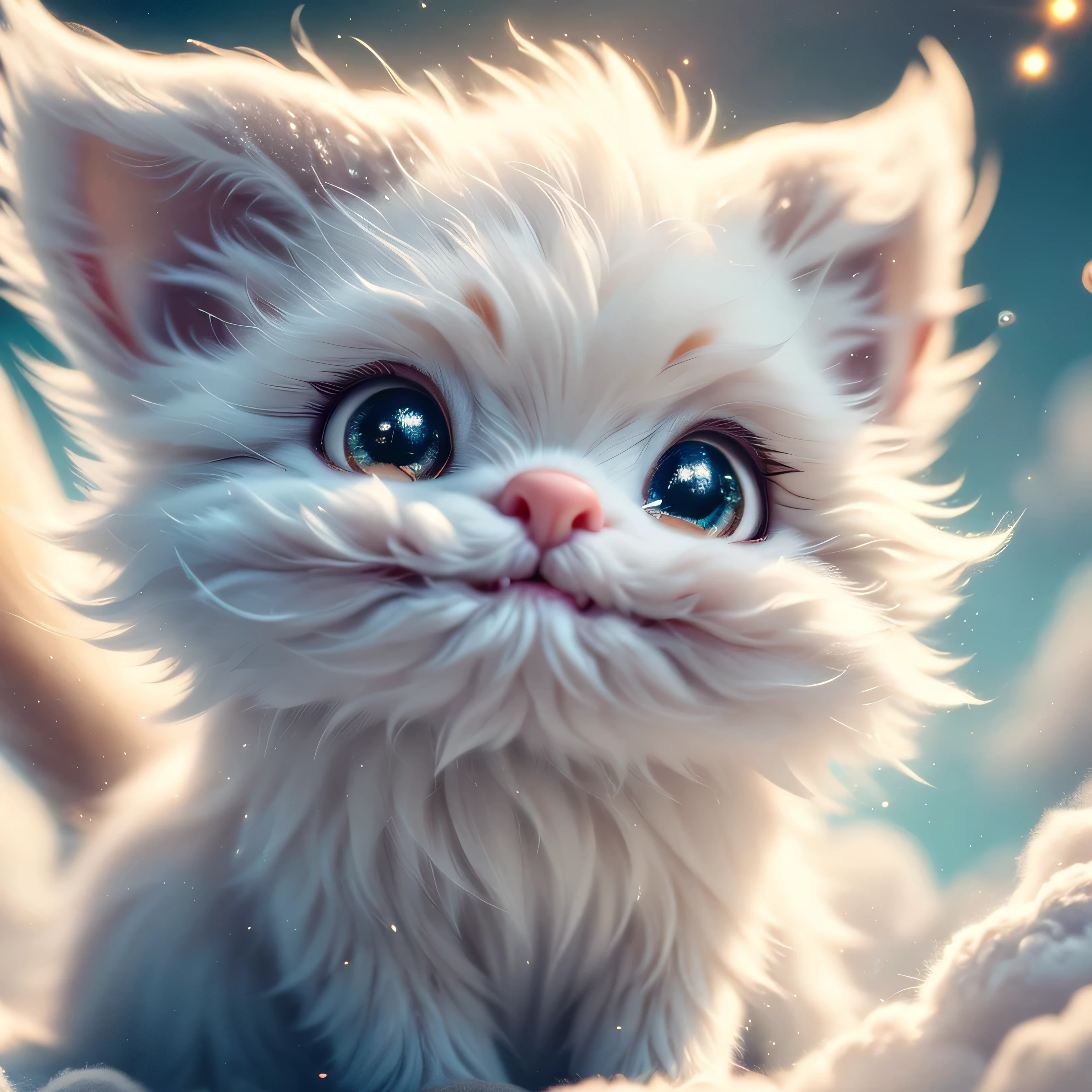 Magical Fantasy Creature, airbrushed super detailed, hyperrealistic fantasy art. Highly textured, hyperrealistic 3D render of a super cute realistic adorable celestial creature, cute and white, floating among the clouds. Creature is a small furry celestial spirit radiating a soft light. Soft focus with a soft volumetric glow. Detailed fur texture, creature design by Ian McCue