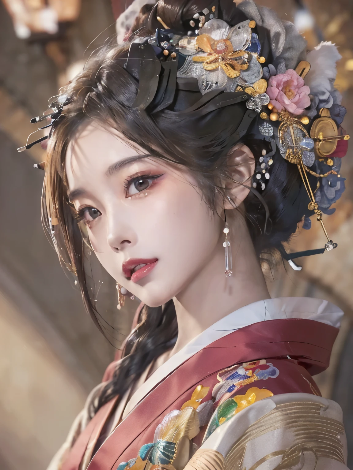 ( detailed skin:1.2),(  shiny skin :1.1),8k, best quality,  masterpiece,   super high resolution ,( by Nomi:1.4),  RAW Photo,( Soft Saturation :1.3),( white skin:1.2),Half Japanese beauty,,20 years,  light brown hair, （ Up Hairstyle :1.2),  asymmetrical hair , ( pretty face:1.4), ( big breasts,  thin waist),  beautiful lighting arranged in an orderly manner, (Sexy courtesan:1.2,),  highly detailed faces,  very detailed lips, fine grain,  double eyelids, （ sharp concentration: 1.2）, （ PERFECTIVE ANATOMY),( perfect style: 1.2）、 exposes chest、 random sexy pose，( accentuate your leg lines)、 kimono、 sharp eyes,smile、  Gorgeous Hair Ornaments 