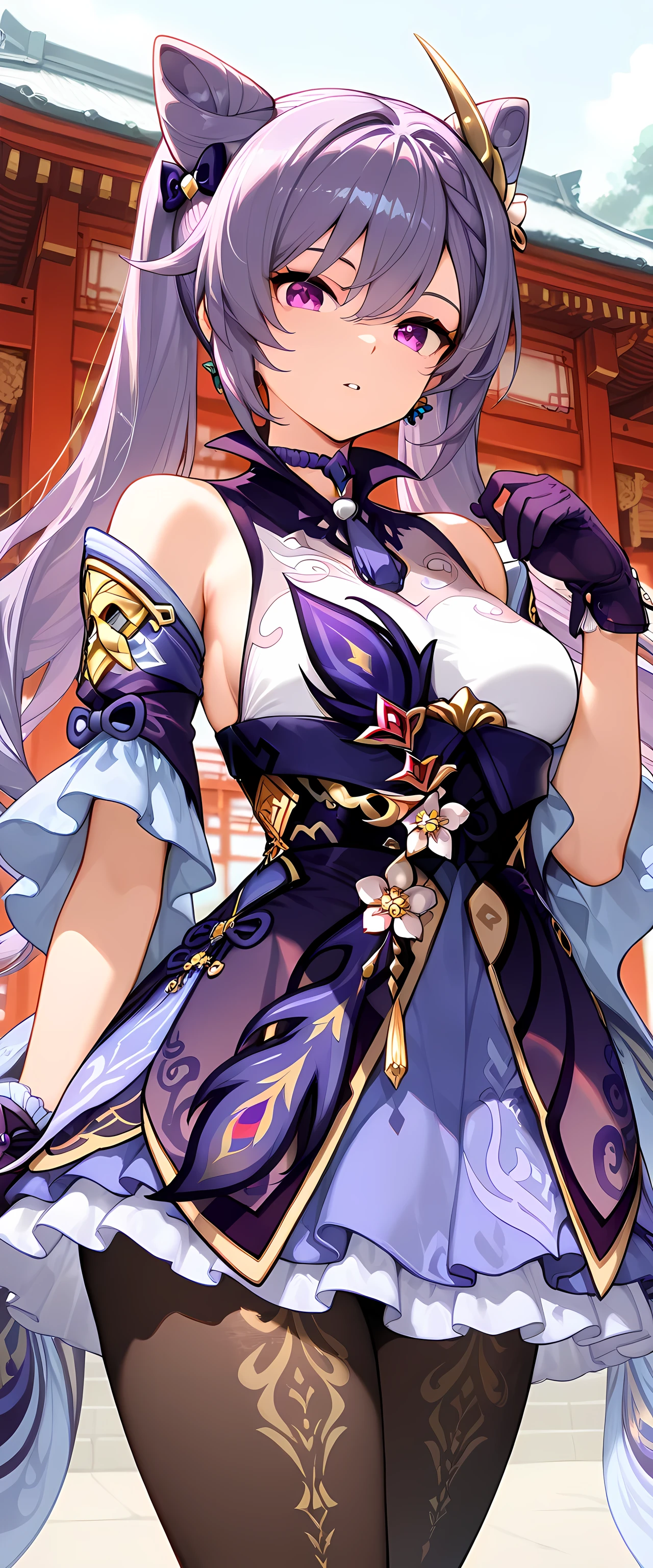 masterpiece, best quality, hires, absurdres, newest, 1girl, solo, kqngdf, purple eyes, purple hair, long hair, twintails, double bun, cone hair bun, braid, hair between eyes, hair ornament, medium breasts, purple choker, neck tassel, purple dress, frills, detached sleeves, black pantyhose, purple gloves, parted lips, looking at viewer, thighs, outdoors, east asian architecture, earrings, hand_up