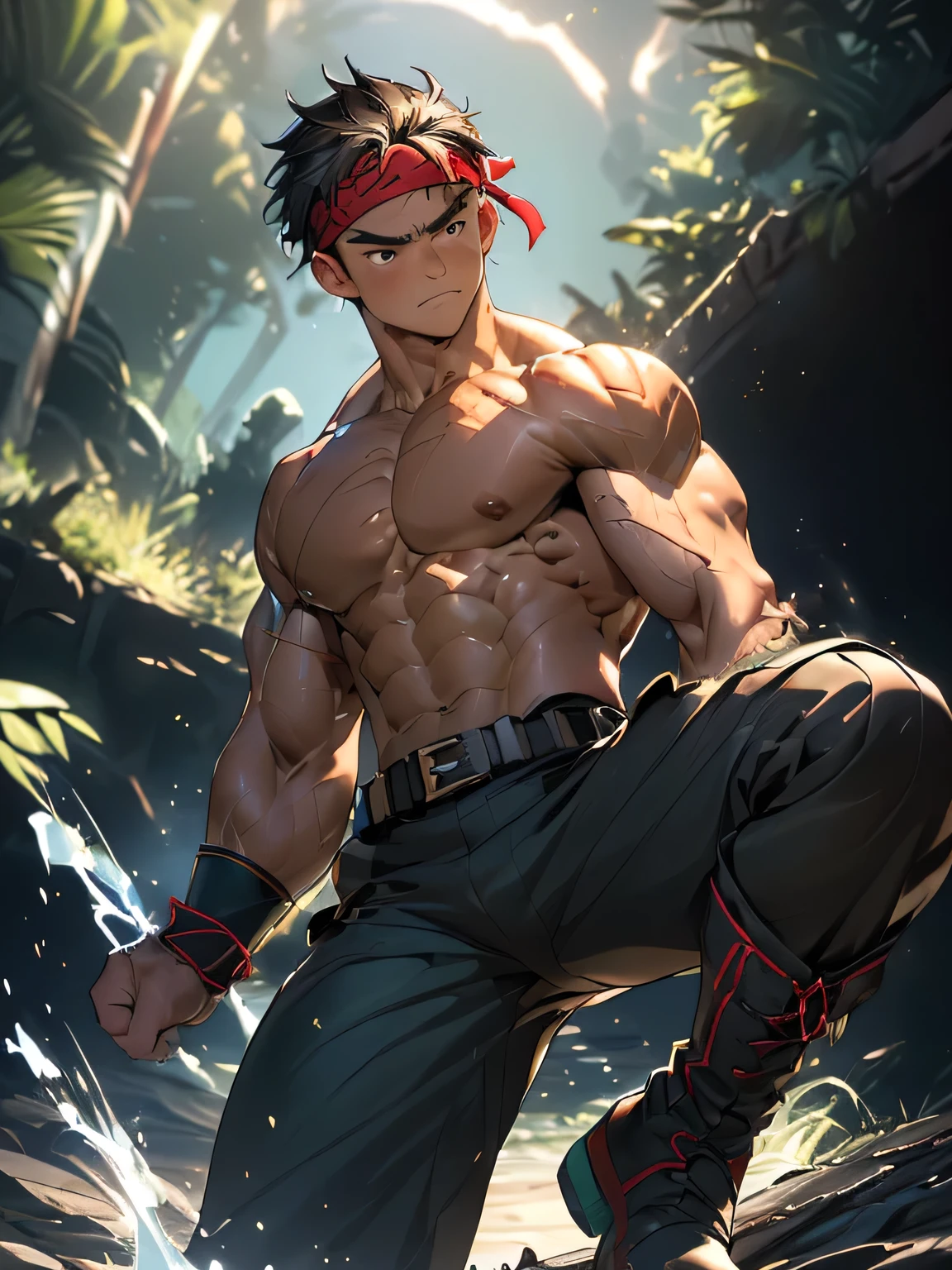 ((masterpiece, best quality)), (((((in the night forest, (Depth of field:1.2), upper body))))), (1 boy, Young guy, muscler, Shirtless, topless), ((((1boy, solo, tough, reliable)))), (Dark Short straight hair, ((almost completely shaved hair)), under cut, Glossy skin), (((red headband, black wristband))), Vivid colors, ((big breast, big shoulder, muscular body, sturdy body, defined round and fleshy pecs, defined round and fleshy ABS, defined round and fleshy armsmuscular, well-defined muscles, developed body, toned body, shouldermuscler)), muscler!, muscler body, detailed face, detailed muscle, (((rippling muscles, athretic body, random fighting pose:1.2)))