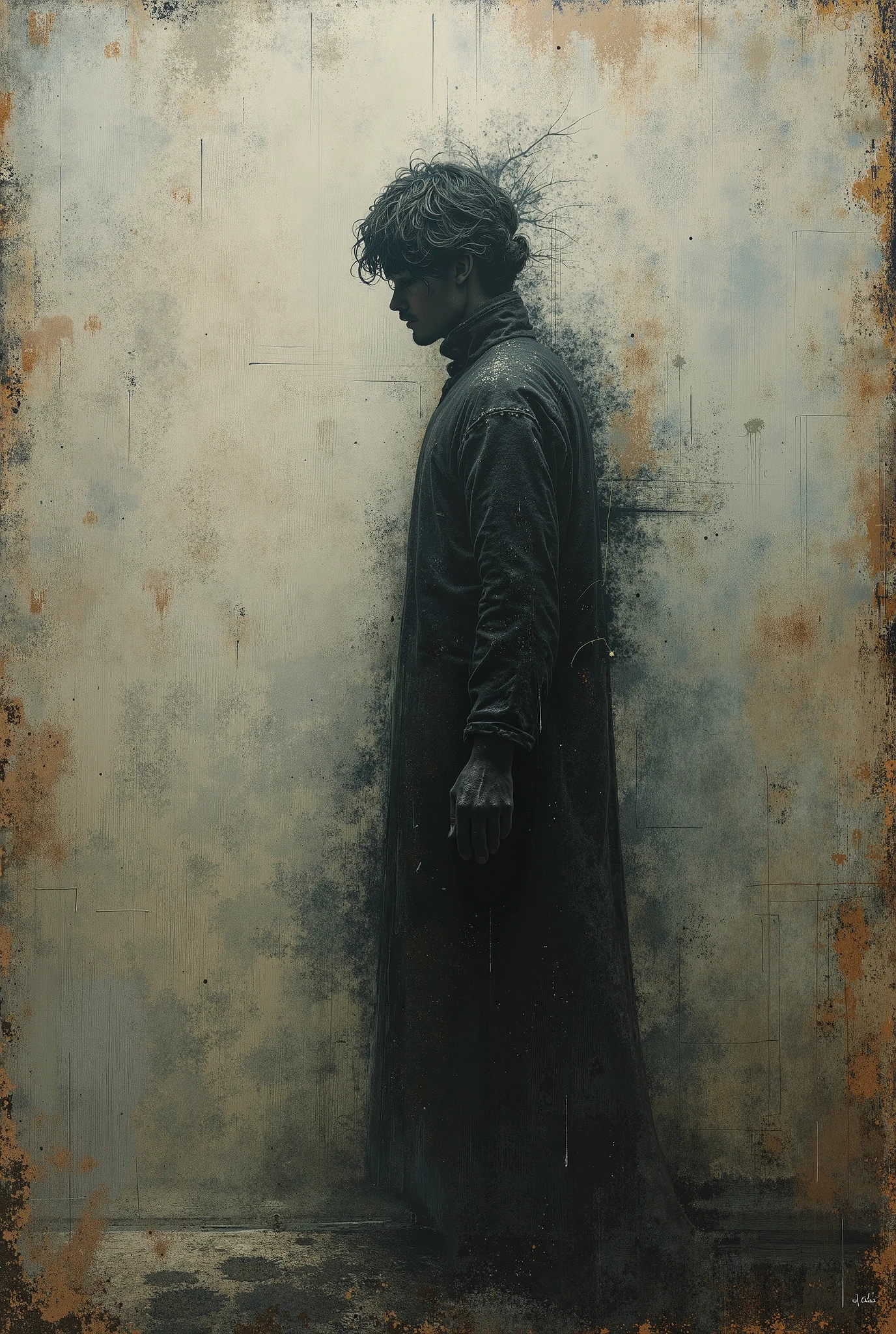 Painting of a man in a long coat standing in front of a wall - SeaArt AI