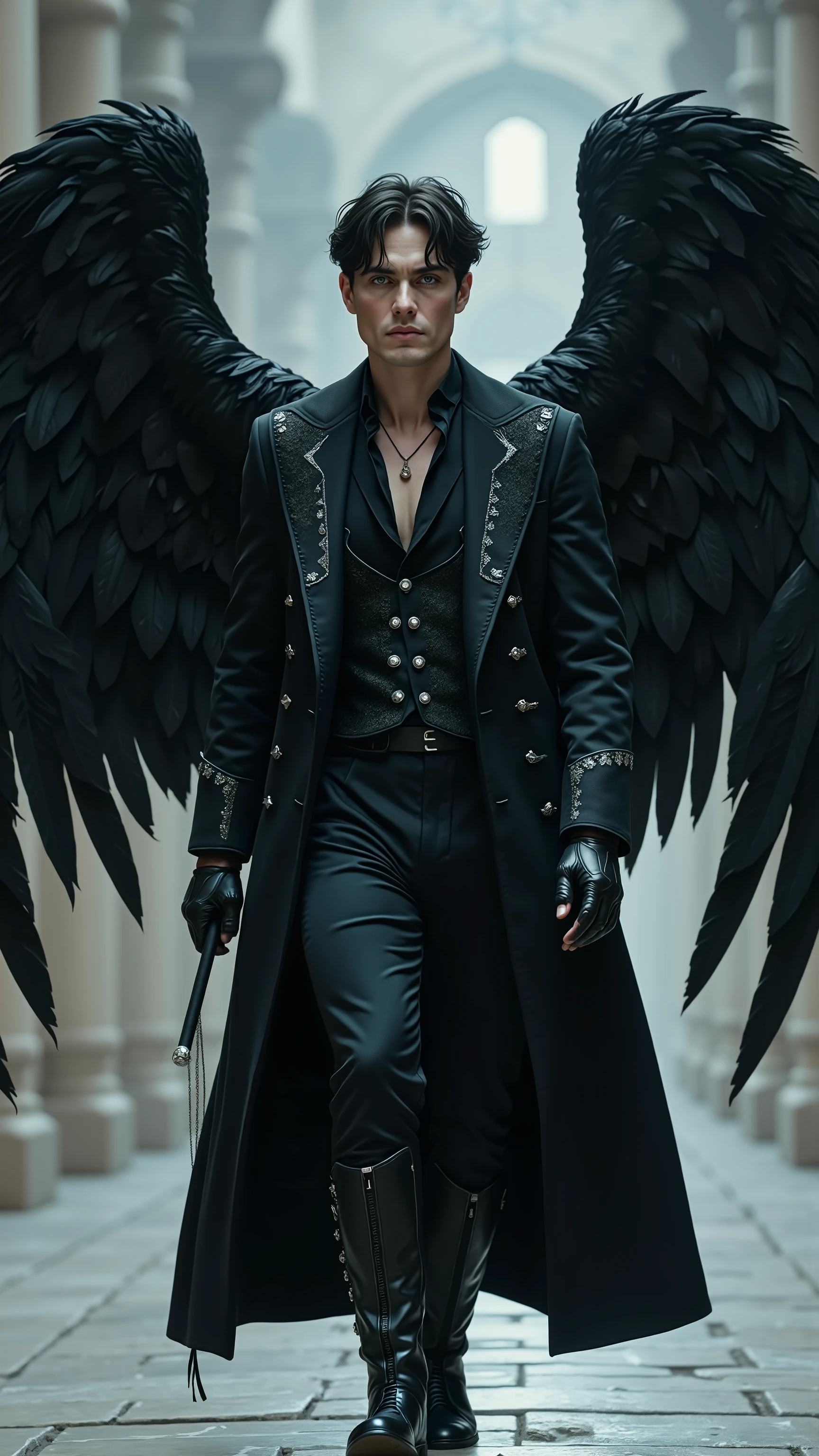 Cillian Murphy as a fallen angel with huge black wings, an angel with detailed feathers, walking and holding a staff, dramatic atmosphere, 1 person, the full figure, full body
He has short, neatly styled black hair with locks that frame his sharp, angular face. His piercing ice-blue eyes shine under dark, thin eyebrows. His lean face with sharply defined cheekbones and a deep gaze. His pale, flawless skin is smooth, with faint sky-blue flecks along his neck and collarbones. His lean, well-defined physique exudes a calm strength and grace.
He is dressed in a tailored black coat with a high collar and silver embroidery depicting celestial constellations. Underneath, a fitted dark tunic hugs his slender figure. His hands are clad in black leather gloves, adding to his refined yet mysterious presence.
The angel's huge black wings with detailed feathers extend from his back, elegant and sharp, their edges glowing with a soft silver light. In one hand he holds a thin onyx staff, topped with a tall silver halo that pulsates with ethereal energy.
In the background are white marble ruins. The light brightly illuminates her face, every detail of her clothing, and every feather on her wings.
, showing the full figure of his male character, athletic body, perfect face, full body, extremely handsome, god, male form, perfect anatomy, photorealistic, masterpiece, realistic, high contrast, 8k, HD, high resolution detailed, detailed, hyper detailed, realistic skin texture, best quality, ultra high resolution, hyper realistic, no text, highly detailed eyes, bright lighting, dramatic lighting