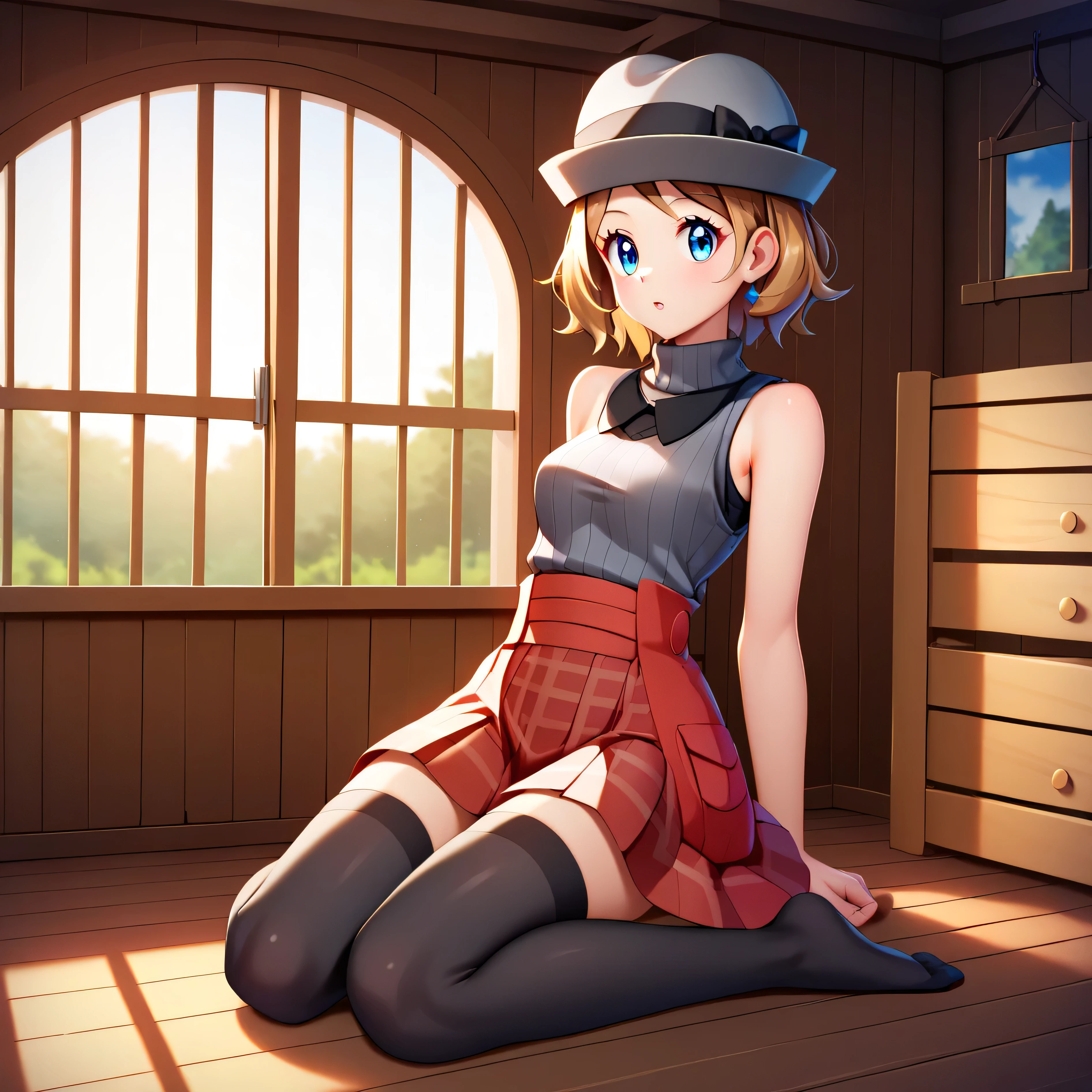 masterpiece, best quality, best quality, detailed eyes, detailed face, detailed skin, vivid eyes, score_9, score_8_up, score_7_up, full body shot, inside cabin, 1girl, serena, short hair, blue eyes, brown hair, grey headwear, earrings, eyelashes, blue eyes, grey sweater, sweater vest, sleeveless turtleneck, bare arms, plaid skirt, red skirt, black thighhighs,