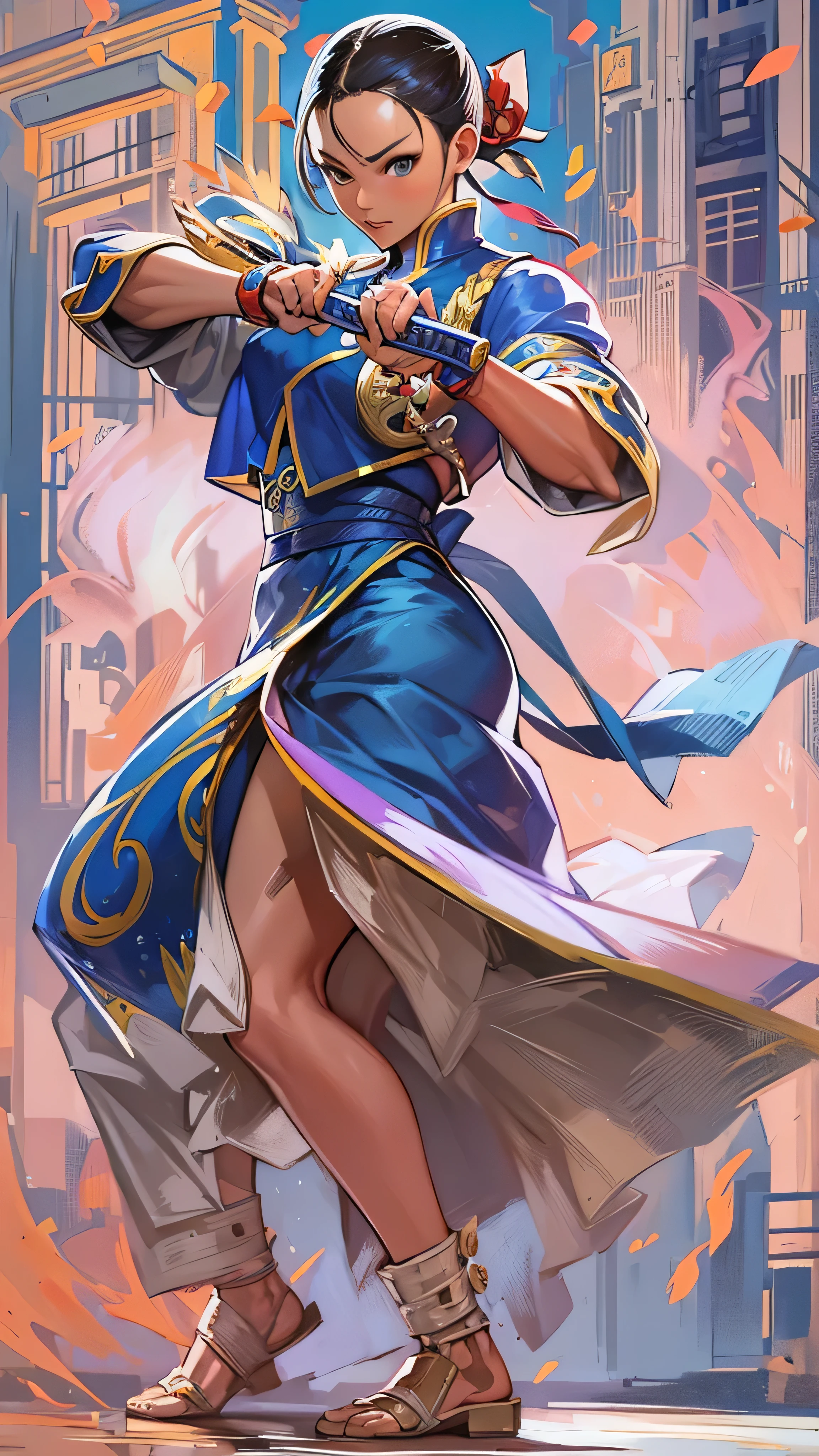 Portrait of (devon aoki) In a good mood, street fighter , attractive male, Character Design, Dynamic Lighting , Cool and bright hues, Swinging a sword( blue china dress) craig mullins, gun.c. Leyendecker, ChunLi。
