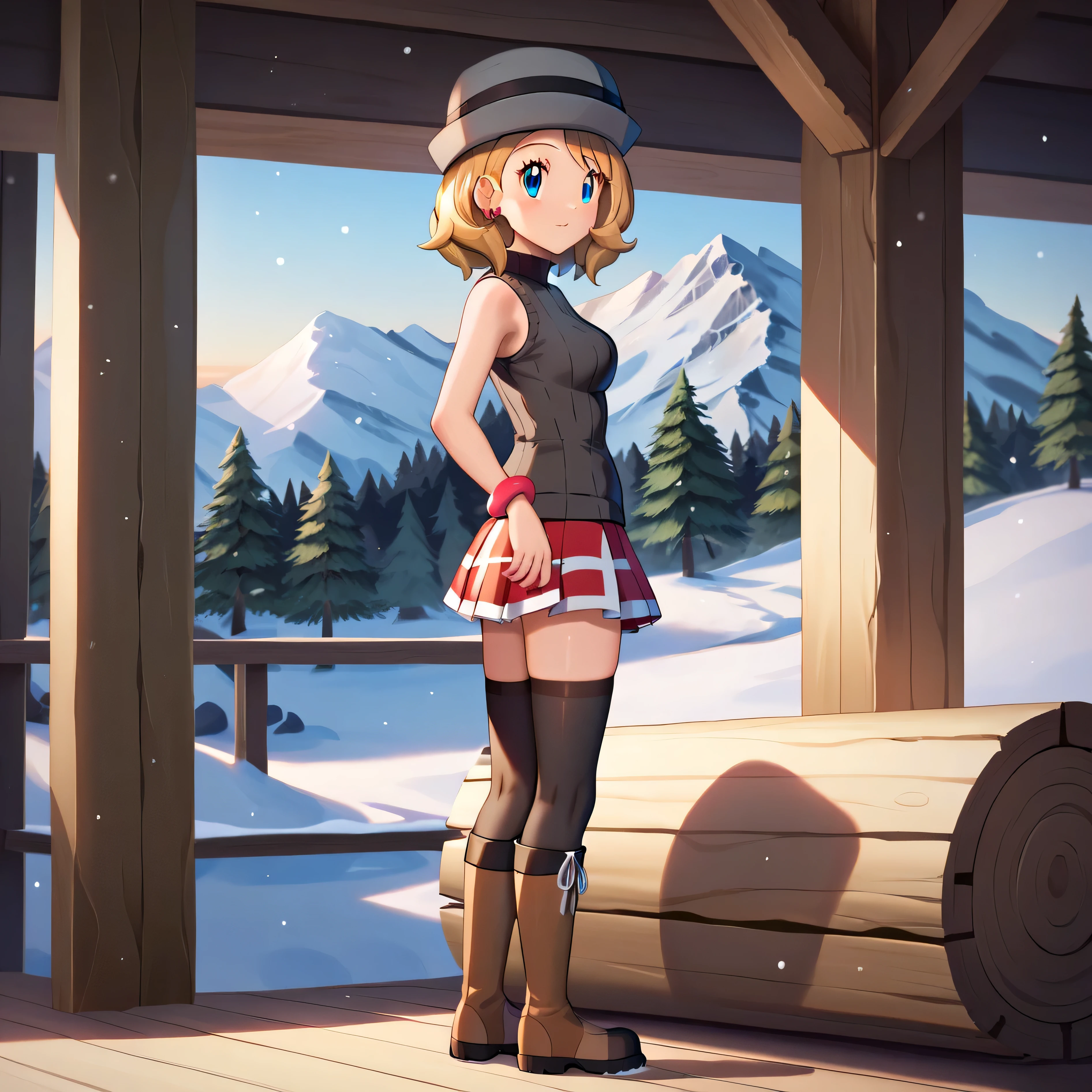 masterpiece, best quality, best quality, detailed eyes, detailed face, detailed skin, vivid eyes, score_9, score_8_up, score_7_up, full body shot, side view, 1girl, snowy mountain background, in front of log cabin, serenaj, blue eyes, blonde hair, shiny, medium hair, bracelet, eyelashes, serena \(pokemon\), thighhighs, hat, jewelry, pleated skirt, earrings, boots, sleeveless, black thighhighs, bracelet, red skirt, turtleneck, brown footwear, sweater vest, brown thighhighs, sleeveless turtleneck, grey headwear,