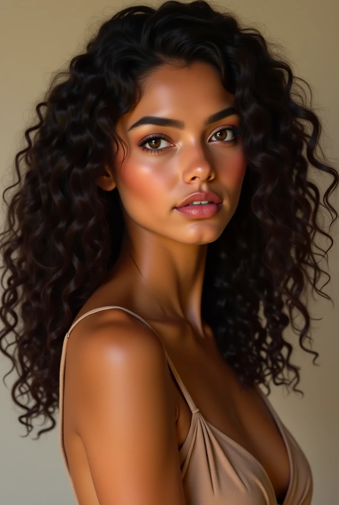 ( photorealism:1,2),beautiful woman, 18 year old Caribbean, measurements 90-60-100, curly hair, fine features, whithe skin
