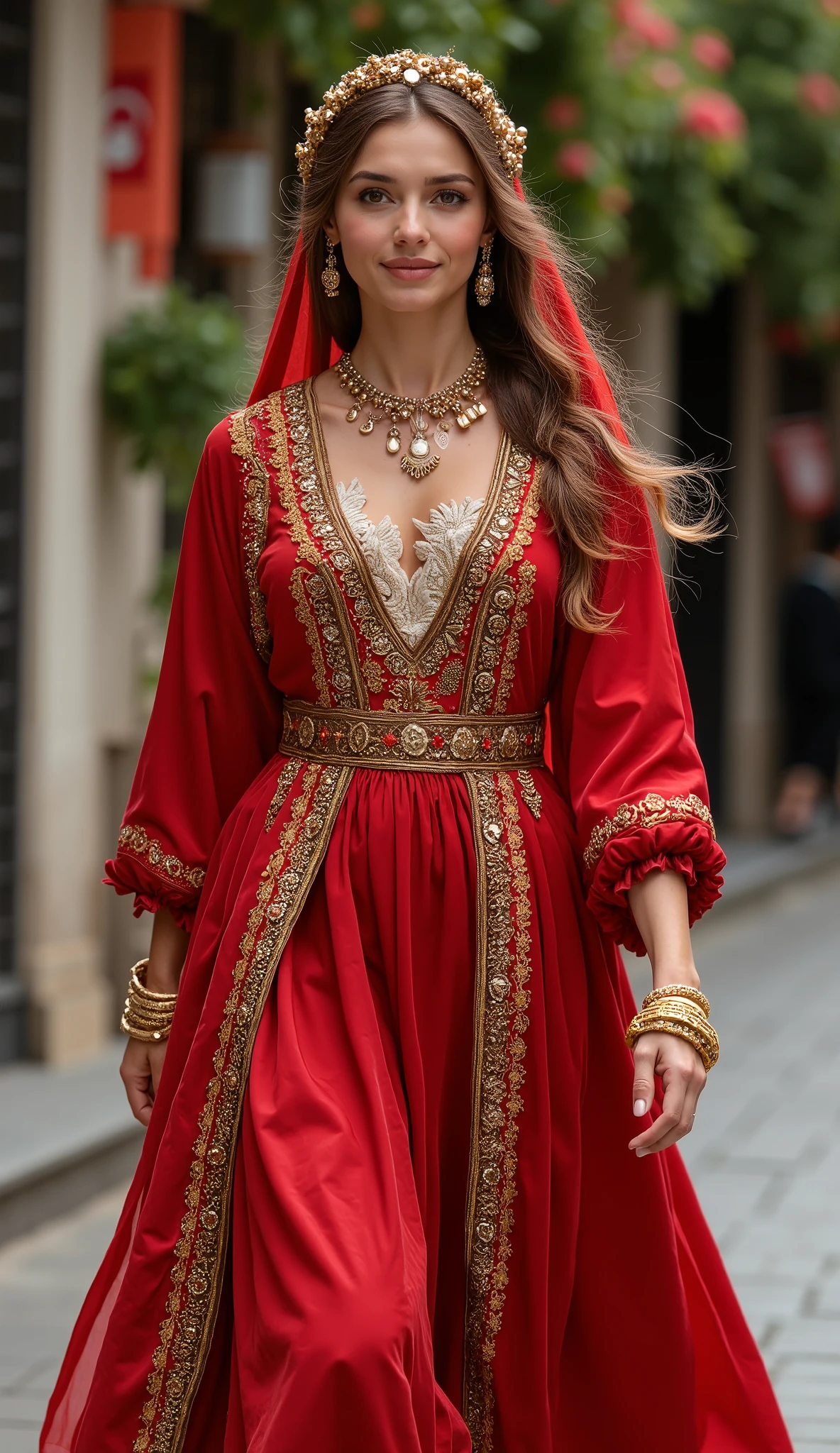 A beautiful 20-year-old Turkish woman walks gracefully, wearing an elegant traditional Ottoman-era outfit that reflects the rich cultural heritage of Turkey. She has an ideal physique, moving with poise and confidence, exuding an air of nobility and grace. Her delicate yet expressive facial features, with deep, captivating eyes and a serene smile, reflect both elegance and strength.
Her hair is styled traditionally, possibly in a long, wavy style flowing down her back or elegantly braided and adorned with golden ornaments, reflecting the historic beauty of Turkish women. She wears an ornate headpiece, such as a bejewelled crown-like kavuk or an embroidered silk headscarf, adding to her regal appearance.
She is dressed in an exquisite traditional kaftan, inspired by Ottoman royal fashion, with rich embroidery, intricate gold patterns, and flowing silk fabric. The colors of her outfit match the Turkish flag, creating a harmonious and patriotic aesthetic. The long, flowing sleeves and embroidered vest accentuate her elegant posture, giving her a majestic and timeless aura.
Her accessories are carefully selected, including delicate golden bracelets, intricate rings, and a fine necklace featuring Ottoman motifs. A decorative belt cinches her waist, emphasizing her graceful figure, and a long, embroidered shawl drapes elegantly over her shoulders, adding movement to her stride.
She is captured in a three-quarter body portrait, walking with grace and confidence, her gaze poised and serene. The background is softly blurred, keeping her as the focal point of the image. Every detail of her kaftan, jewelry, and hairstyle celebrates the elegance and cultural depth of Turkey, creating a timeless and captivating scene.