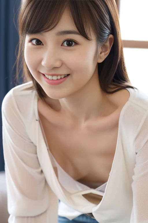 masterpiece,best quality,(Japanese ),((Beautiful girl)),cleavage,indoor,(perfect body beauty:1.2),(shy smile),beautiful teeth,