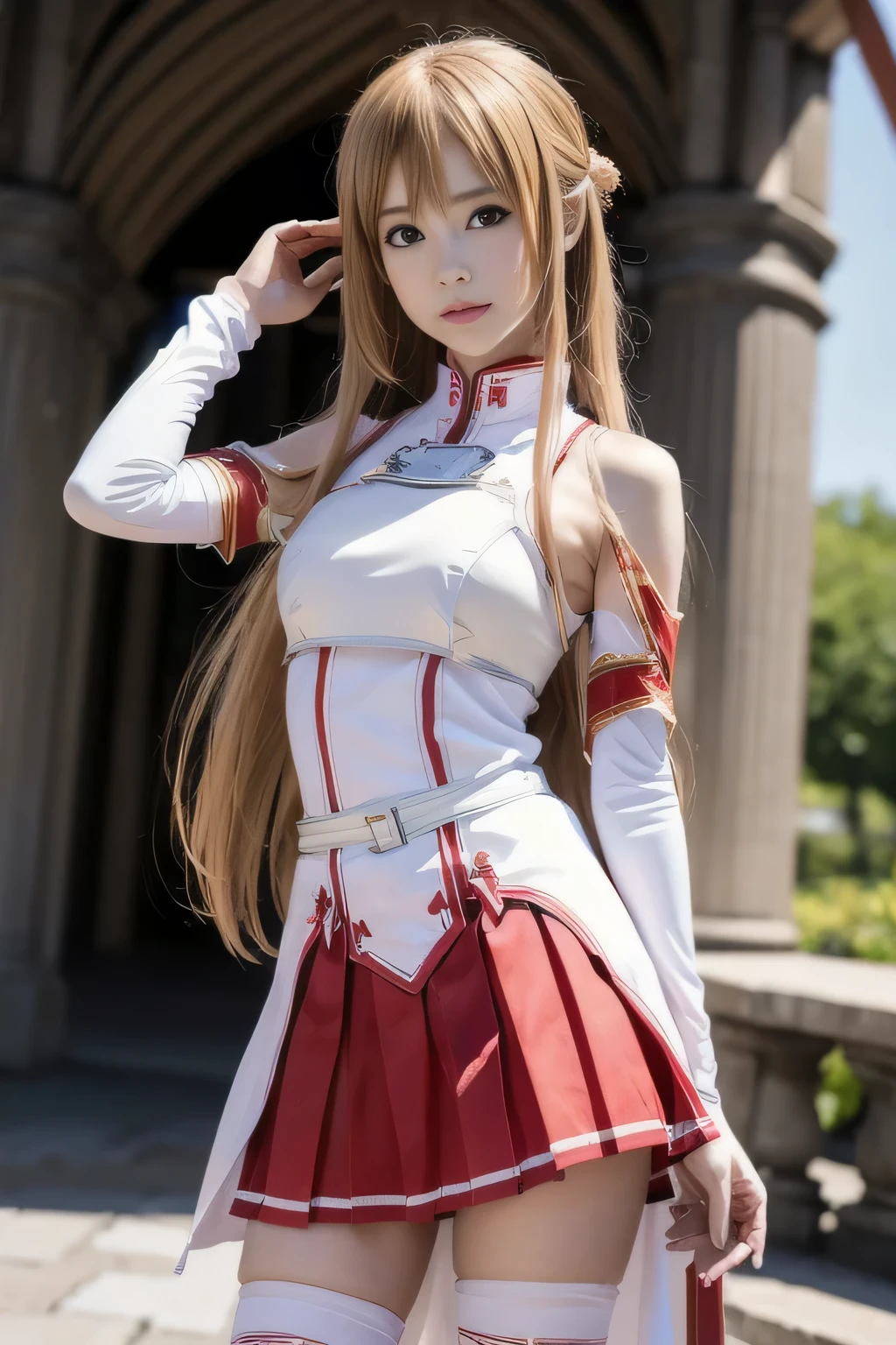 ( masterpiece, top quality, perfect anatomy, Hi-Res, 8k, natural skin texture, without makeup:1.2), 1 girl, Japanese, female student, in a super cute , have smiling faces, ( Small breasts:1.2), (perfect figure1.2), and intimate , (ULTRA REAL: 1.4), RAW photos , realistic skin, very detailed, perfect anatomy, very detailed skin, Physically Based Rendering, double eyelid , droopy eyes , innocent face, Cute Poses , ((( very small breasts: 1.4))), ((clear areolas that are light brown)), ( small ass),( slender body, small) cute face, asuna(sao) costume, detached sleeves, asuna_first_uniform, white thigh-highs, red pleated miniskirt, white shoes, (((bare nipples:1.4))), bare chest, hand bra, nipples, ((flat breasts))