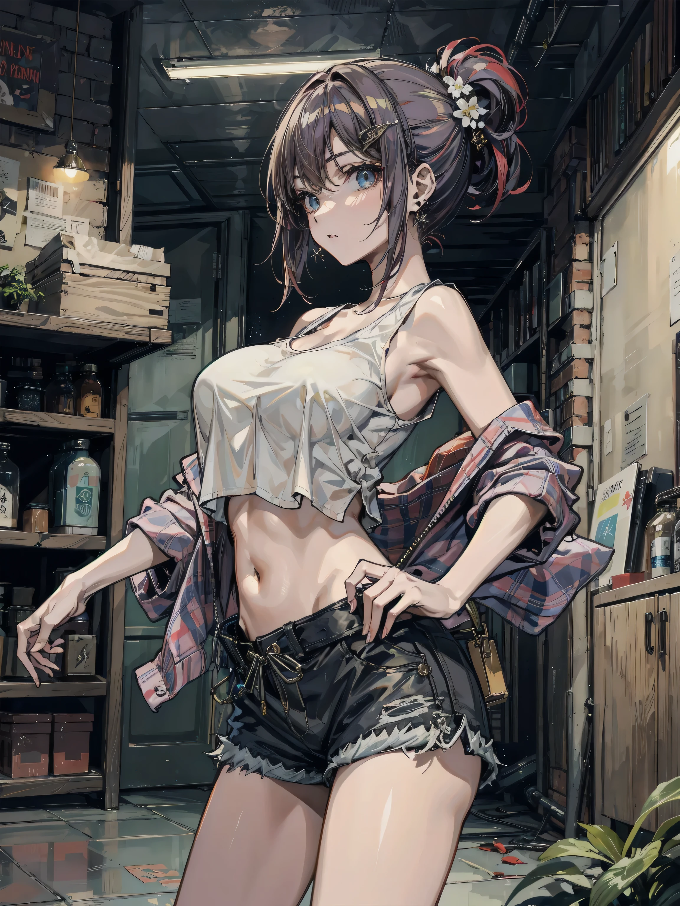 (masterpiece, Best Quality, ultra-detailed, high resolution, extremely detailed CG, official art, Professional Lighting, Perfect Anatomy, anime colors), (from below), looking at viewer, cowboy shot, perfect body, 24yo beautiful 1girl, medium hips, glamorous body,a small face,beautiful-makeup,Makeup light,Shortcut Hair,dark brown hair、Bust b Cup, Amazing Cleavage, thin waist, big ass, Raised sexy, big breast: 1.2 posed cleavage:1.2, (off shoulders,Sportsbra,legginullnude), micro denim shorts, bare legs, nail_polish, pale skin, Waiting friend, (morning:1.5), tokyo, (convenience store:1.3), outdoor, (depth of field:1.3), contrapposto, (Hold a coffee in your hand:1.3),delicate beautiful face, Bright magenta eyes, cute eyes, sparkling eyes, Big eyes, (big breasts:1.3), (perky chest:1.1), (pointed chest:1.3), looking at viewer,
