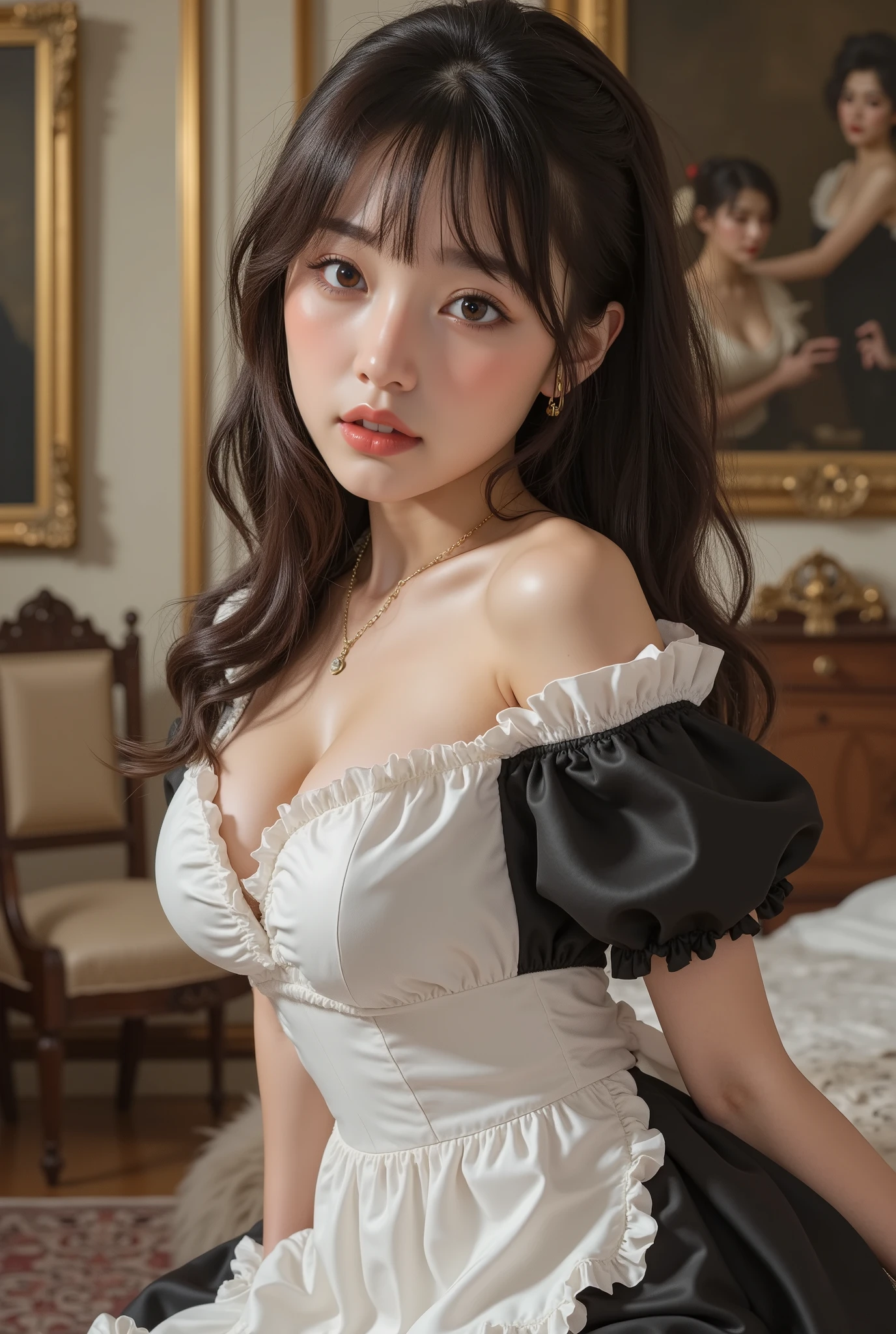 最 high quality、 high quality、 Max Image Quality、8k、最 high res、 high res、最 high quality、 masterpiece、  detailed and realistic human body 、Dense and realistic skin、 realistic face in every detail、 Realistically recreated down to the smallest detail、 detailed and realistic lips、Detailed and realistic teeth、Realistic ears、 realistic and exquisite hair、  Fine and realistic arms  、 Realistically recreated down to the smallest detail、Extremely realistic fingers 、(  beautiful hands 、thumb１reference４)、 realistic feet down to the last detail 、( beautiful Japanese girl smiling with a sexual expression))、( Japanese model), ( japanese woman)、((Beautiful 18 year old girl))、(  black hair)、( random hairstyle)、( sexy expression)、((whole body))、((Beautiful upturned breasts))、(Slim and perfect style)、(whole body光沢肌、 white skin))、( soft writing )、  Media Interior European Era Mansion Decorated with 1690s Artwork 、 Interior Decorated with 1690s Artwork 、 Inside a 1600s mansion、  classic bedroom 、classic interior、((British maid outfit、French maid costume、 gothic maid clothes、German maid outfit、Edwardian maid outfit、 Garcon Style Maid Outfit  、 Miniskameid Clothes、 Victorian Maid Outfit、 Classic maid costume 、Steampunk maid outfit))、(( skirt flip(  Please raise your skirt ))、(( I'm sitting on a wooden chair ( Spread your legs and open your legs in an M shape  ))、(( sexy panties visible from her thighs))