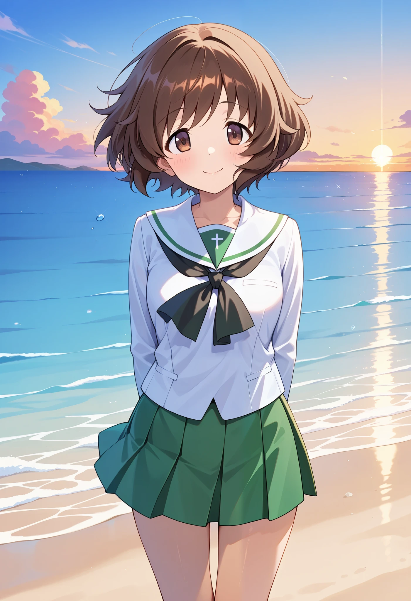 high res, best quality, Super Quality , one girl、solo、Akiyama Yukari 、 short hair、 bouncing hair、Uniform up、 ( Oarai school uniform :1.3),White sailor collar, black neckerchief , white shirt, Long Sleeve , Green Skirt 、 outdoor、sea、White Beach,sunset