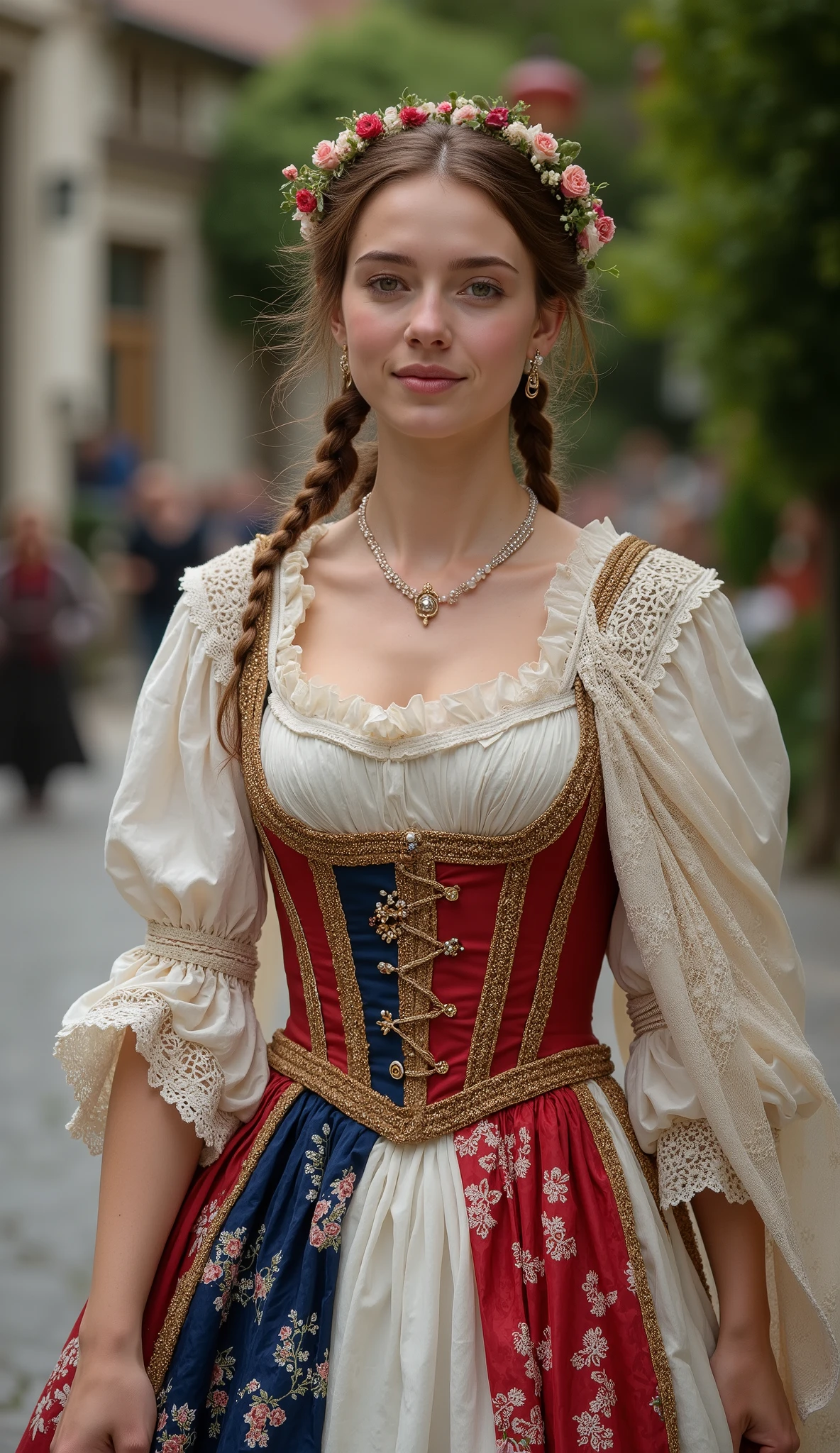 A beautiful 20-year-old French woman walks gracefully, wearing an elegant traditional French outfit that reflects the cultural heritage of France. She has an ideal physique, moving with poise and confidence, exuding an air of elegance and refinement. Her delicate and expressive facial features, with soft, captivating eyes and a gentle smile, embody both grace and charm.
Her hair is styled in a traditional French manner, possibly in long, soft waves cascading down her back, or arranged in a classic braided updo, adorned with delicate ribbons or a lace bonnet, evoking the historic beauty of French women. She wears an ornate headpiece, such as a regional coiffe from Brittany or a delicate floral crown, enhancing her regal yet natural appearance.
She is dressed in a traditional 18th or 19th-century French provincial dress, inspired by historical regional fashion, featuring a fitted bodice, puffed sleeves, and a flowing skirt adorned with intricate lace and embroidery. The colors of her outfit reflect the French flag, creating a harmonious and patriotic aesthetic. A lace-trimmed shawl or embroidered apron adds layers of sophistication, complementing her elegant posture.
Her accessories are carefully chosen, including delicate pearl earrings, an ornate brooch, and a fine ribbon choker. A corset-style belt cinches her waist, emphasizing her graceful silhouette, and a lightweight, embroidered shawl drapes elegantly over her shoulders, adding movement to her stride.
She is captured in a three-quarter body portrait, walking with grace and confidence, her gaze poised and serene. The background is softly blurred, keeping her as the focal point of the image. Every detail of her dress, accessories, and hairstyle reflects the timeless elegance and cultural richness of France, creating a captivating and refined scene.